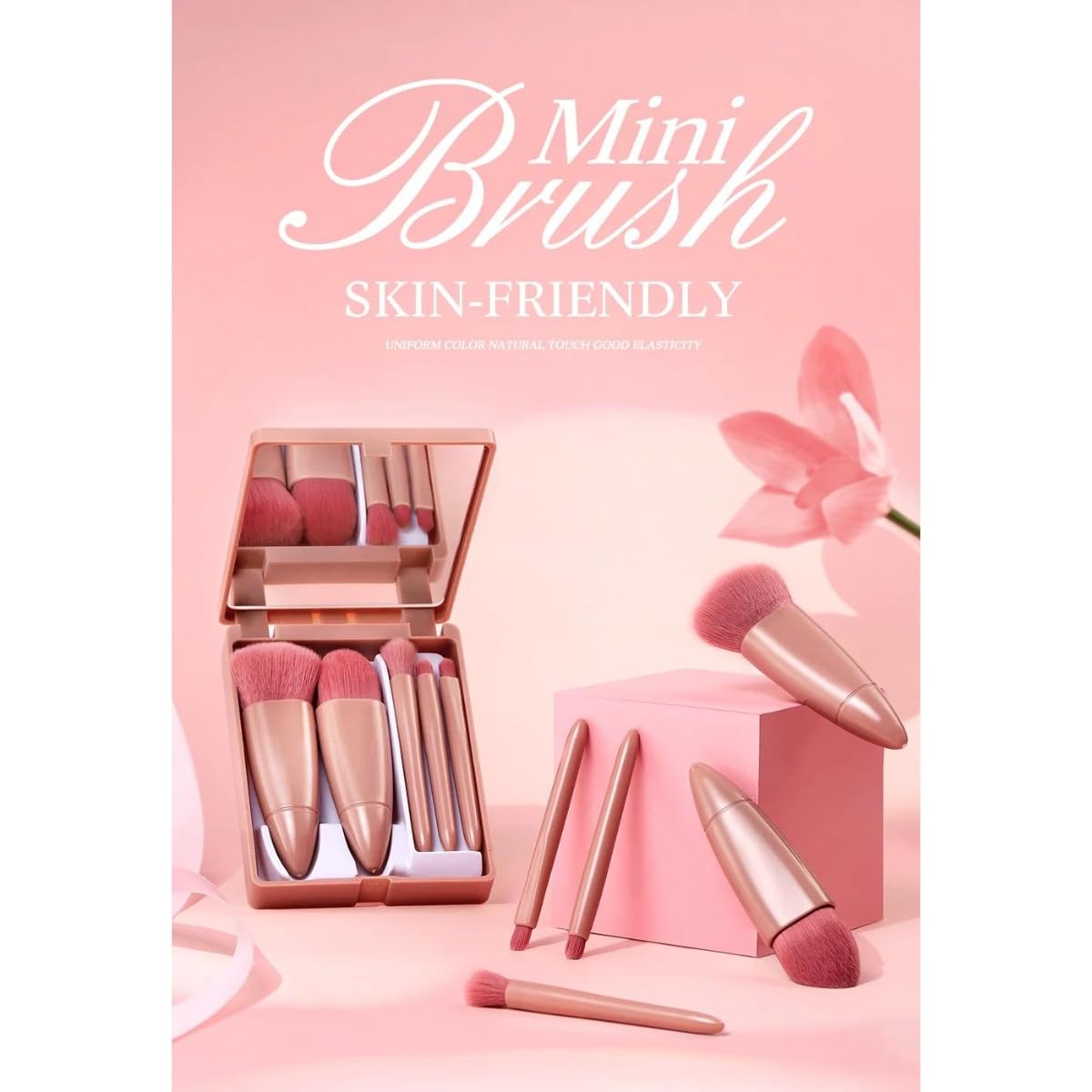 Cavernshop Professional 5-in-1 Mini Makeup Brush Set with Mirror - Face, Eyeshadow, Powder & Blush Cosmetic Kit | Travel-Friendly Makeup Brushes for Women & Girls | Perfect for On-the-Go Touchups & Professional Makeup Application