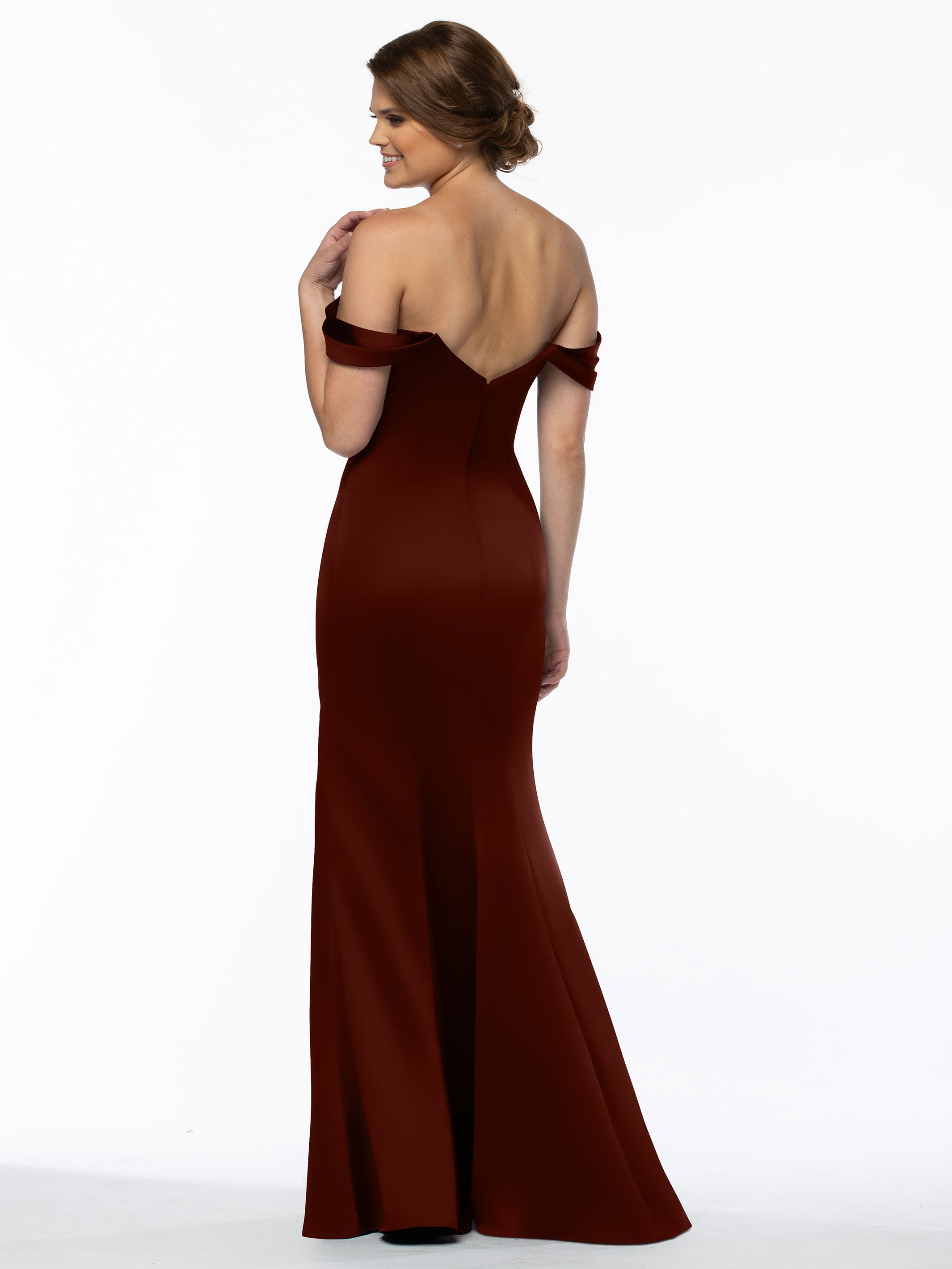 Elegant 80151 Fitted Satin Bridesmaid Dress with Off-The-Shoulder Sleeves - Perfect for Weddings, Formal Events & Special Occasions
