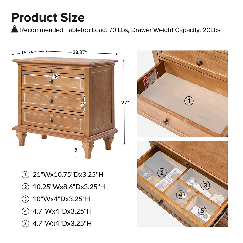 Galatea 3-Drawer Nightstand with USB Charging Ports & Power Outlets - Modern Bedside Table with Storage for Bedroom, Living Room or Office