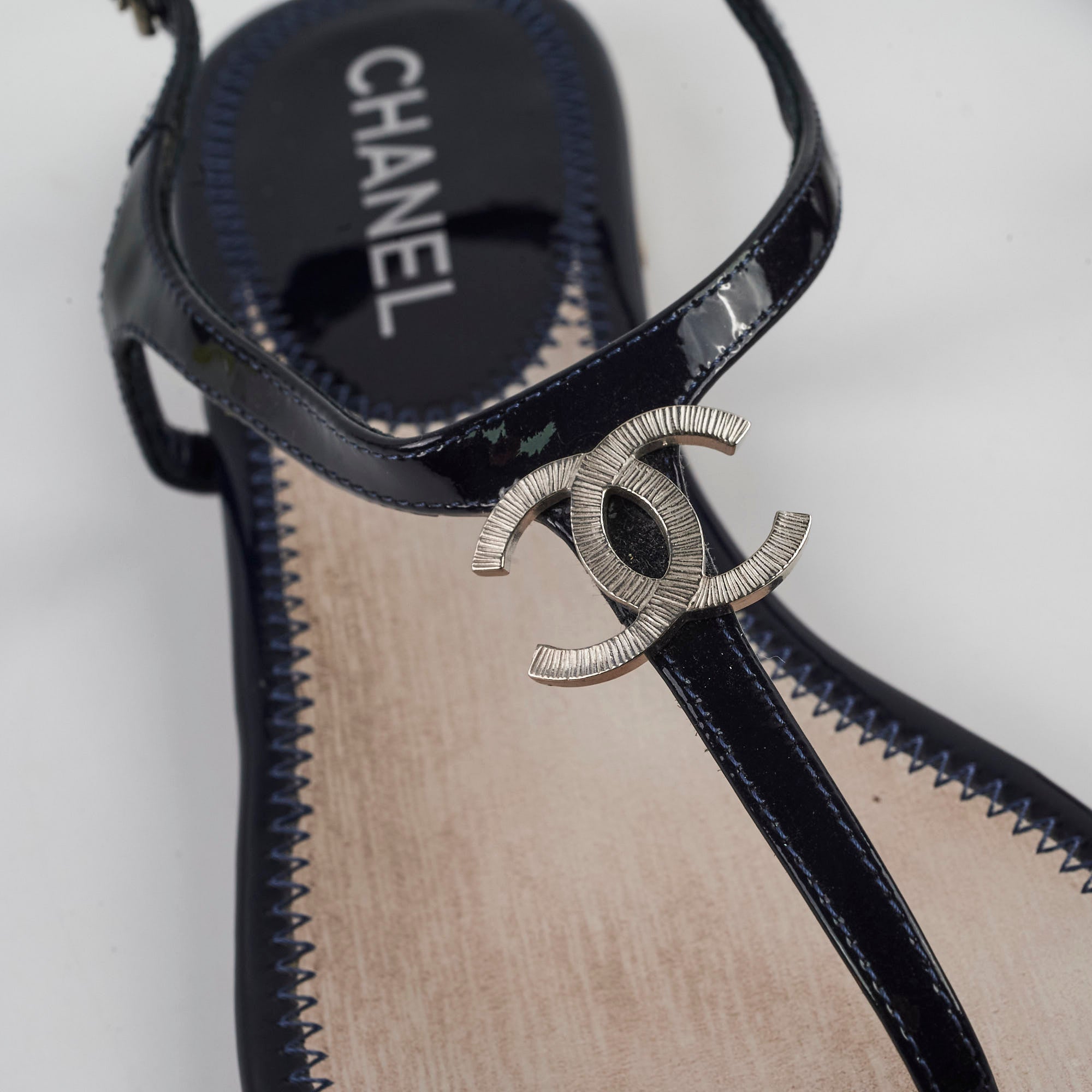 Chanel Navy Blue Patent Leather Sandals for Women - Luxury Designer Summer Shoes for Beach, Party & Casual Wear