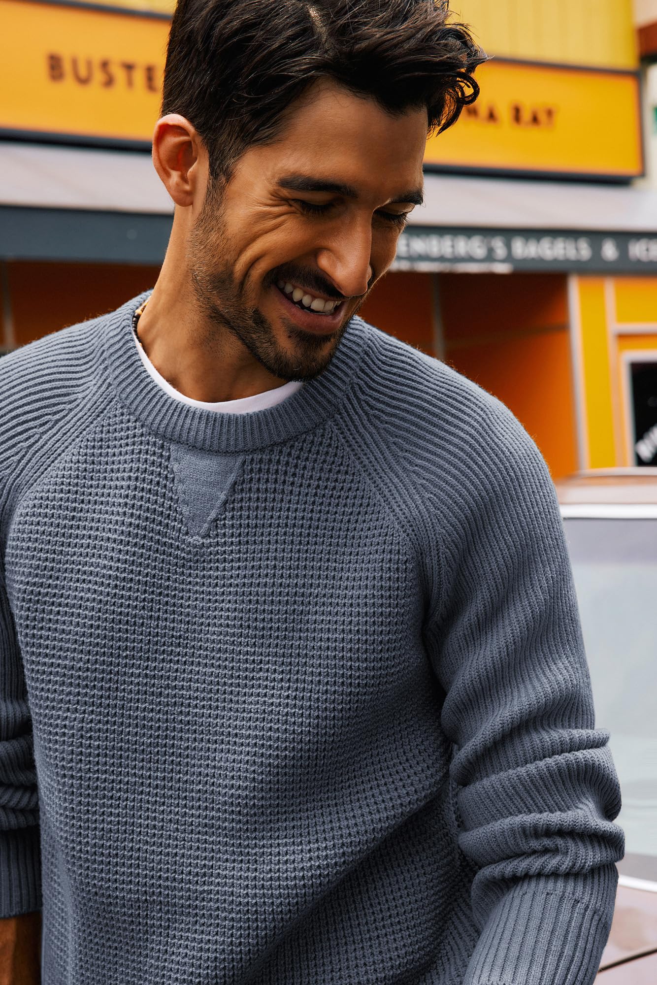 PJ PAUL JONES Men's Waffle Knit Crewneck Sweater - Raglan Sleeve Pullover for Casual Wear, Winter Layering & Outdoor Activities