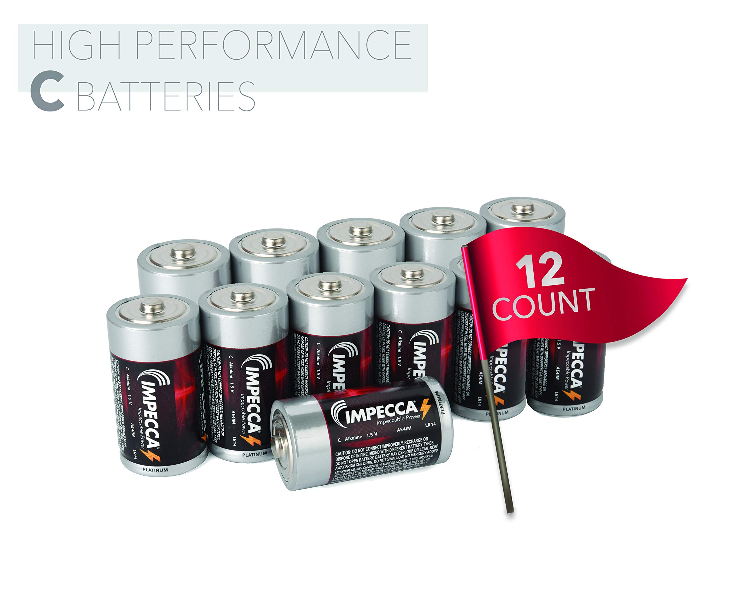 Premium Impecca C Batteries - 12 Pack Alkaline C Cell 1.5V Long Lasting Power with 10-Year Shelf Life | Leakproof & Reliable for Flashlights, Toys, Clocks & Emergency Devices (Platinum Series)