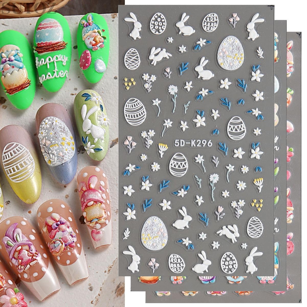 5D Easter Nail Art Stickers - Embossed Bunny & Egg Nail Decals - Self-Adhesive Spring Flower Nail Designs - Cartoon Rabbit & Carrot Nail Stickers Set for Easter DIY Manicure, Party Nail Art, Spring Festival Decorations
