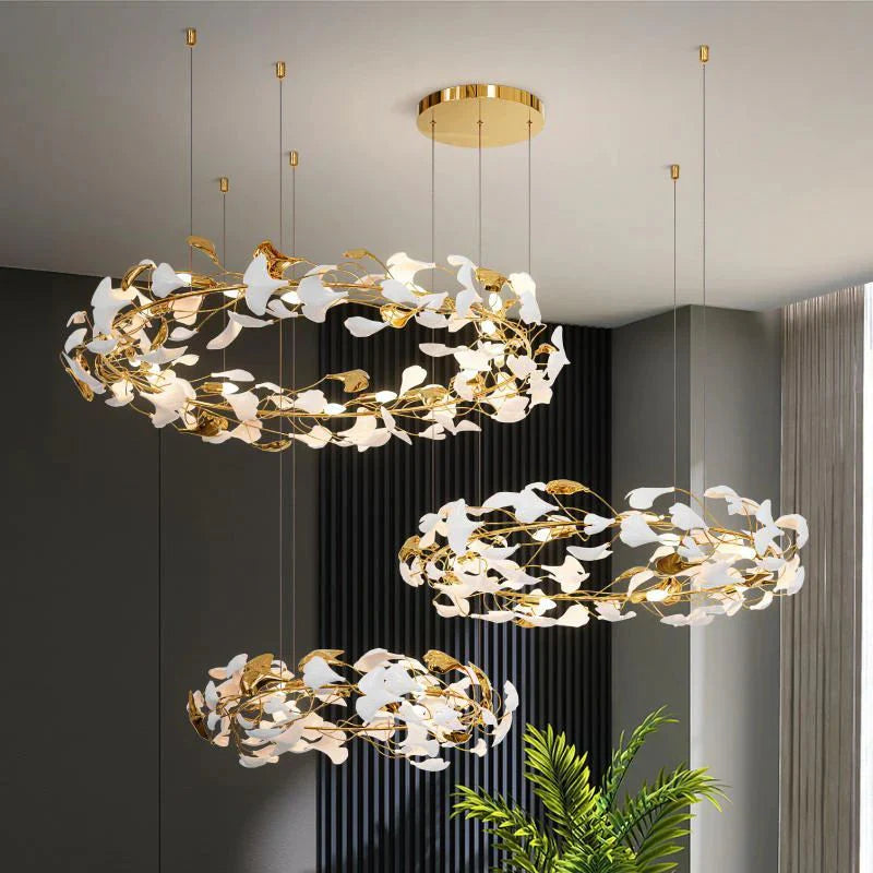 Handmade Ceramic Ginkgo Leaf Ring Chandelier - Elegant Bohemian Style Ceiling Light for Dining Room, Bedroom, or Living Room Decor