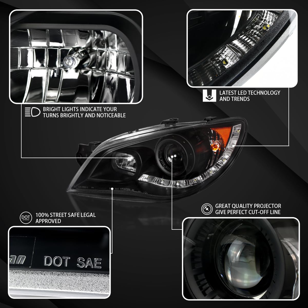 AUTOZENSATION Black Headlights Assembly with R8 LED Lamps - Compatible with 2006-2007 Subaru Impreza WRX (Left + Right Pair) | Durable Replacement for Foggy/Broken Lights | Perfect for Night Driving & Off-Road Adventures