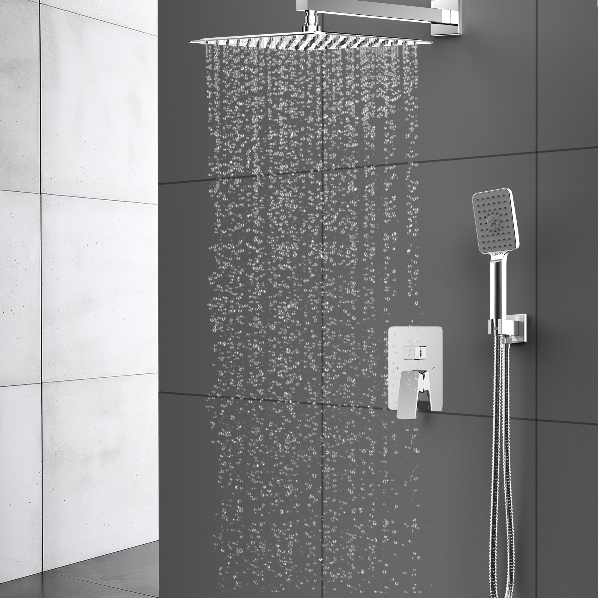 Modern Brass Rain Shower System with Valve & Diverter - High Pressure Square Rainfall Showerhead & Handheld Spray - 12