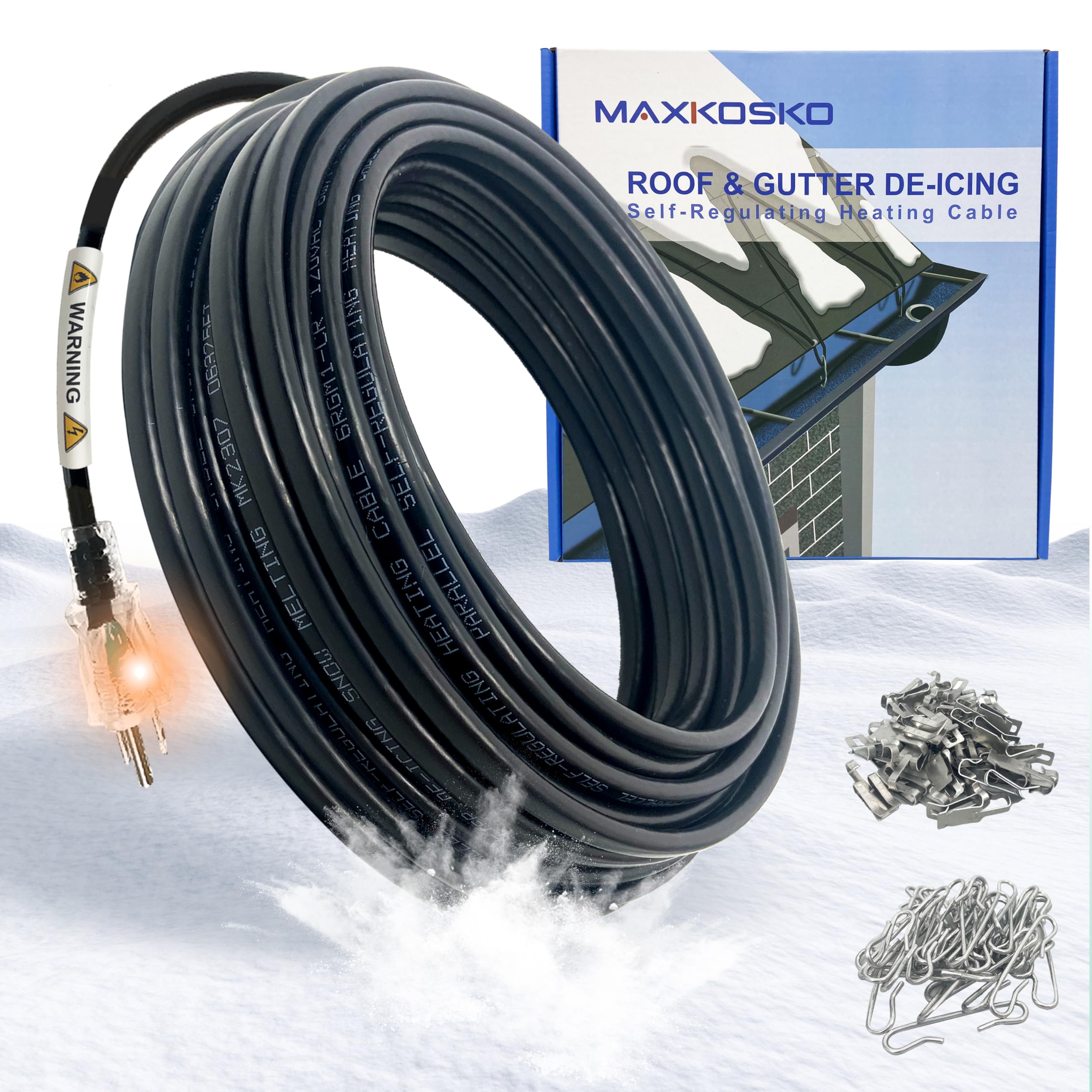 MAXKOSKO Self-Regulating Roof & Gutter Heat Cable - 80ft Electric De-Icing System (6W/Ft, 120V) with 10ft Cold Weather Power Plug - Snow Melting Solution for Winter Roof Protection | Perfect for Homes in Snowy Climates & Ice Dam Prevention