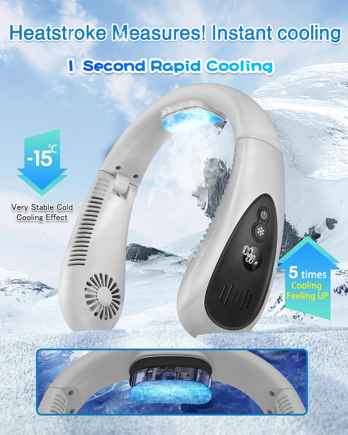 Portable Neck Fan with 5000mAh Battery & Semiconductor Cooling - USB Rechargeable Bladeless Personal Fan, 3 Speed Settings, White - Perfect for Outdoor Activities, Office, Travel & Summer Cooling