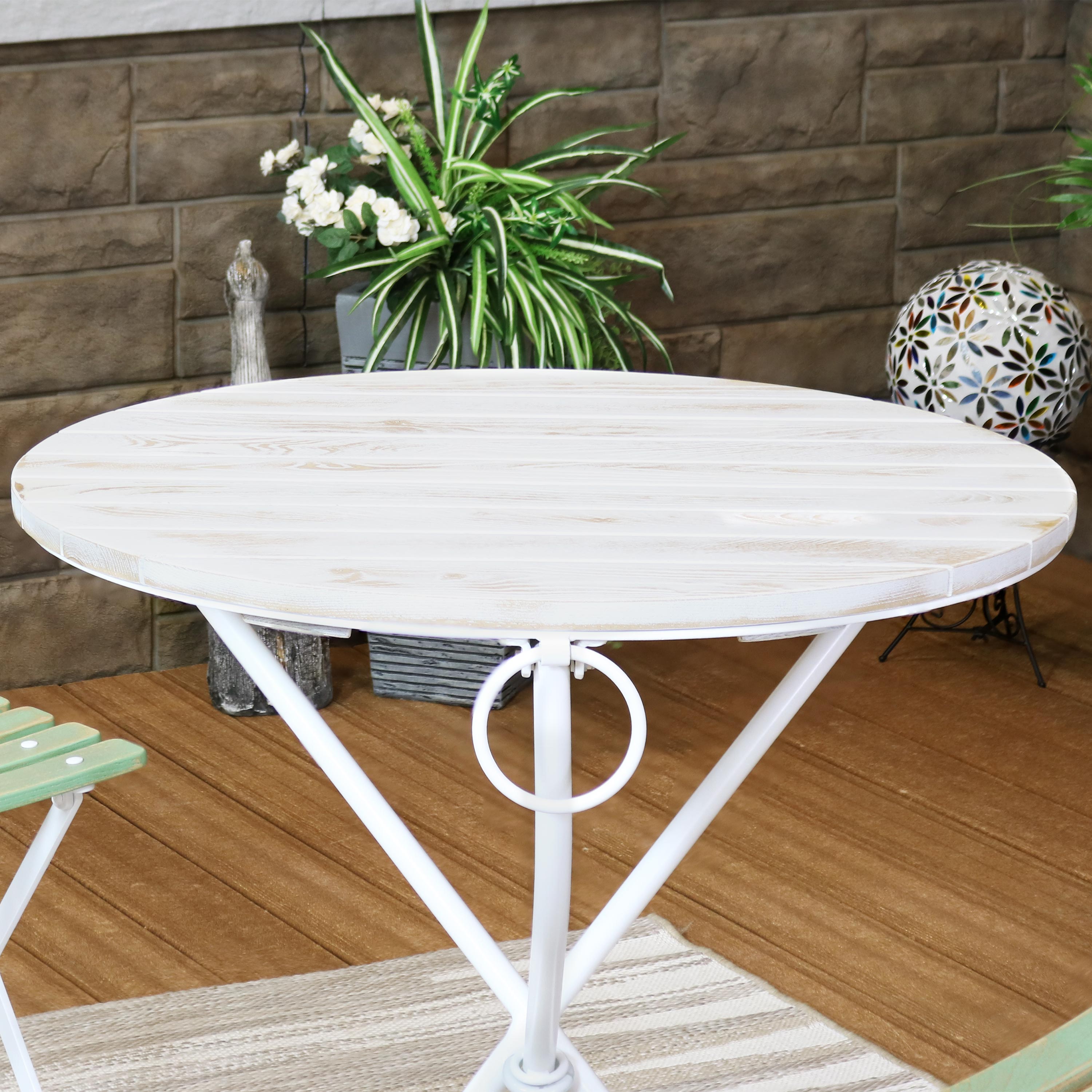 Sunnydaze French Country European Chestnut White Bistro Table - 28 Inch Round Outdoor Dining Set for Patio, Garden, Cafe & Restaurant Use