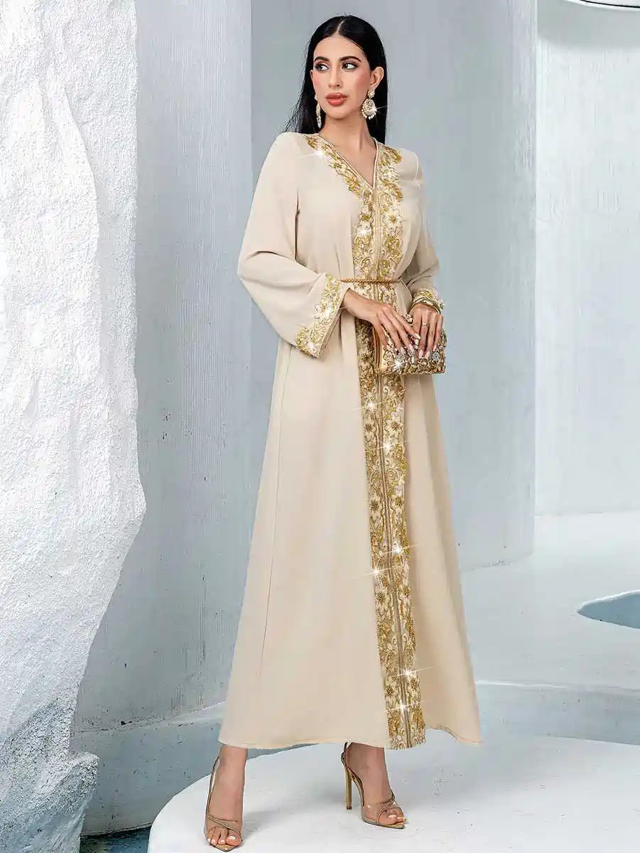 Elegant Eid Kaftan Dress with Embroidery Lace - Women's Flowy Caftan for Special Occasions - Perfect for Eid Celebrations, Weddings, and Summer Parties