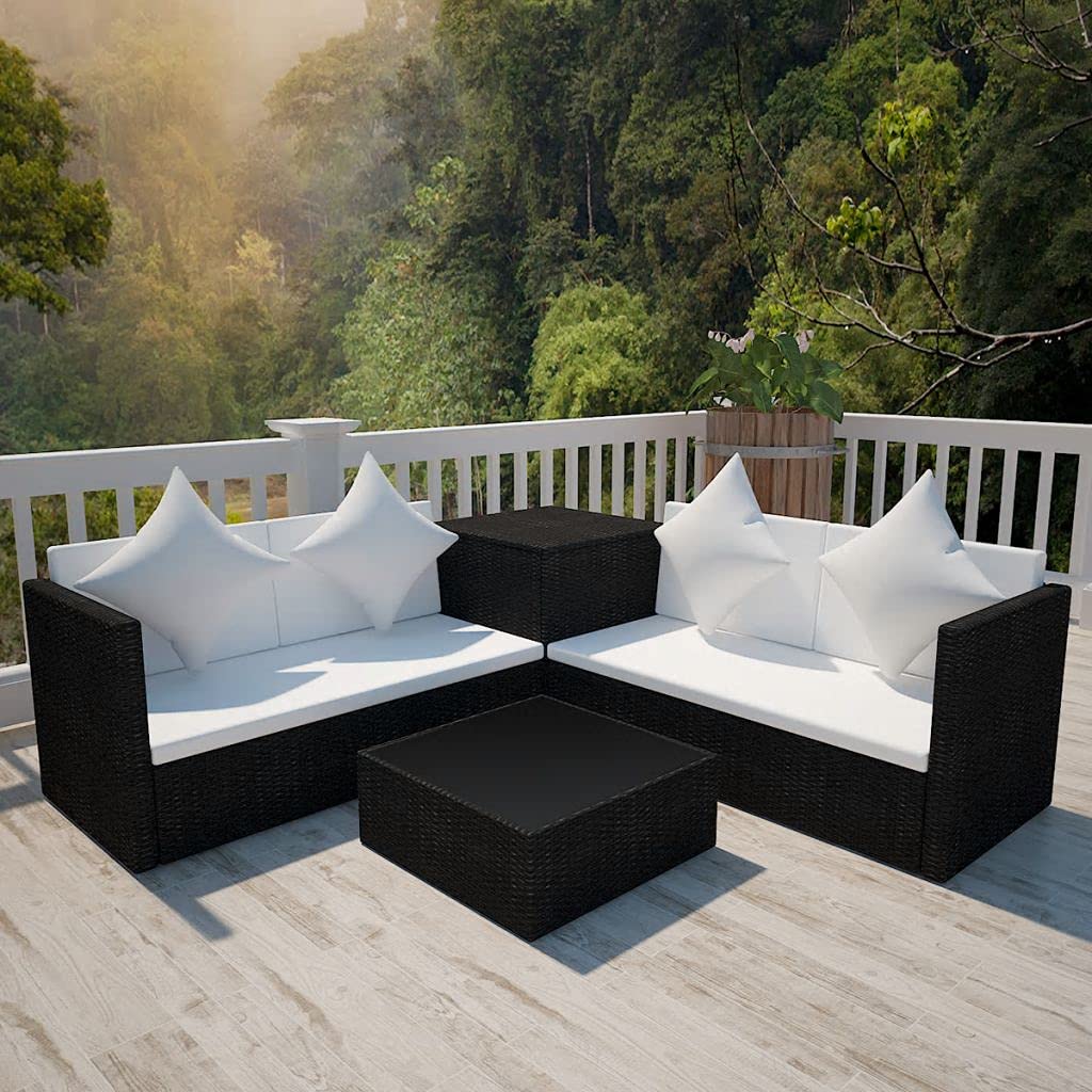 4-Piece Black Poly Rattan Garden Lounge Set with Cushions - Outdoor Patio Furniture for Deck, Porch, Lawn & Backyard - Perfect for Relaxing, Entertaining & Sunbathing