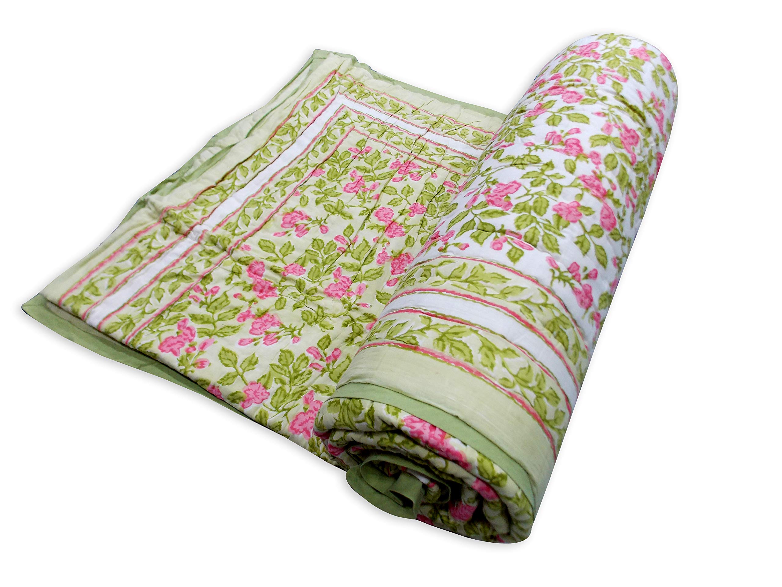 Handmade Indian Jaipuri Rajai Cotton Reversible Quilt - Queen Size Kantha Bedspread & Coverlet | Hand Block Printed Blanket for Bedroom, Sofa & Travel