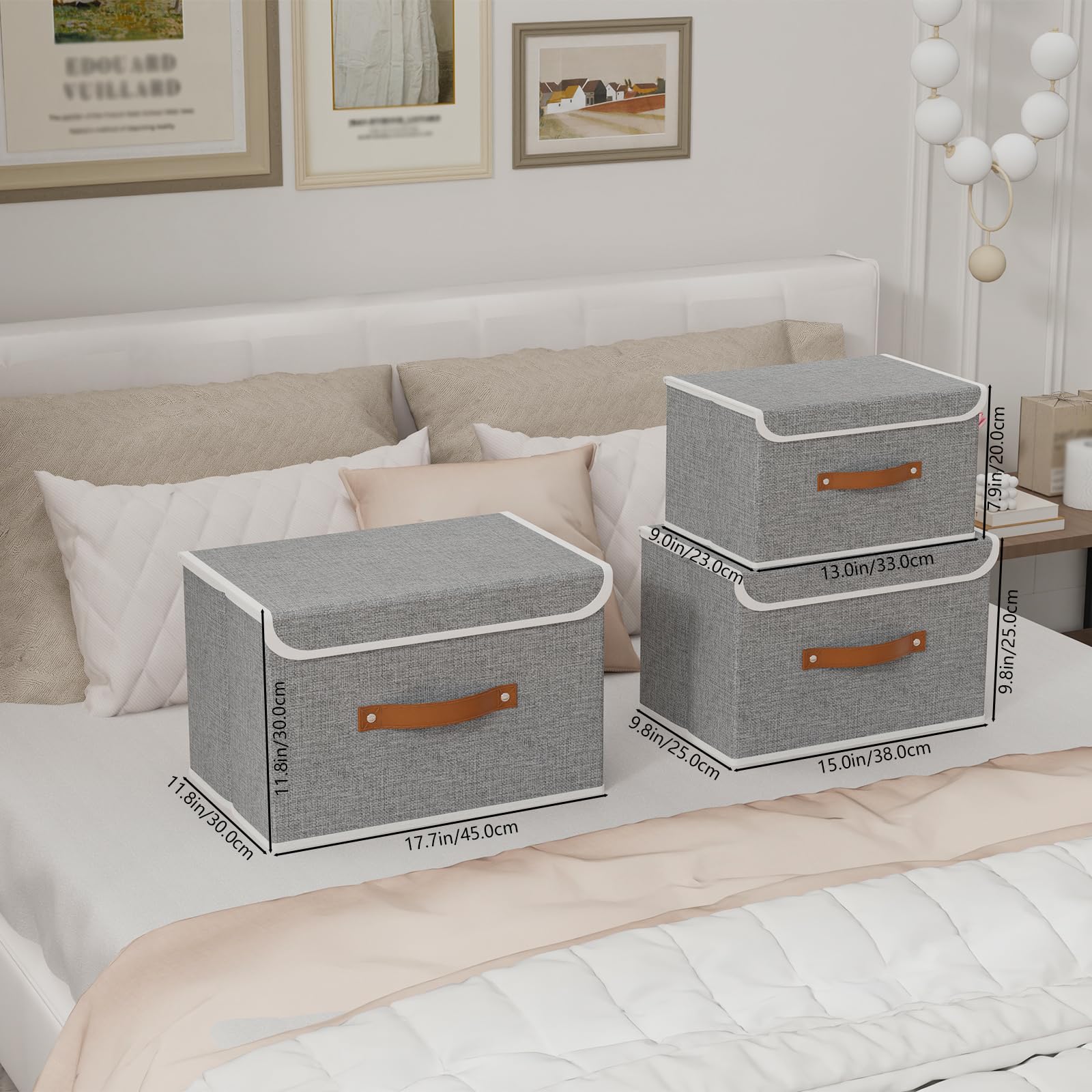 Yawinhe 3-Pack Collapsible Storage Bins with Lids - Foldable Fabric Cube Organizer Baskets with Leather Handles, Washable Grey Closet & Home Storage Boxes (15