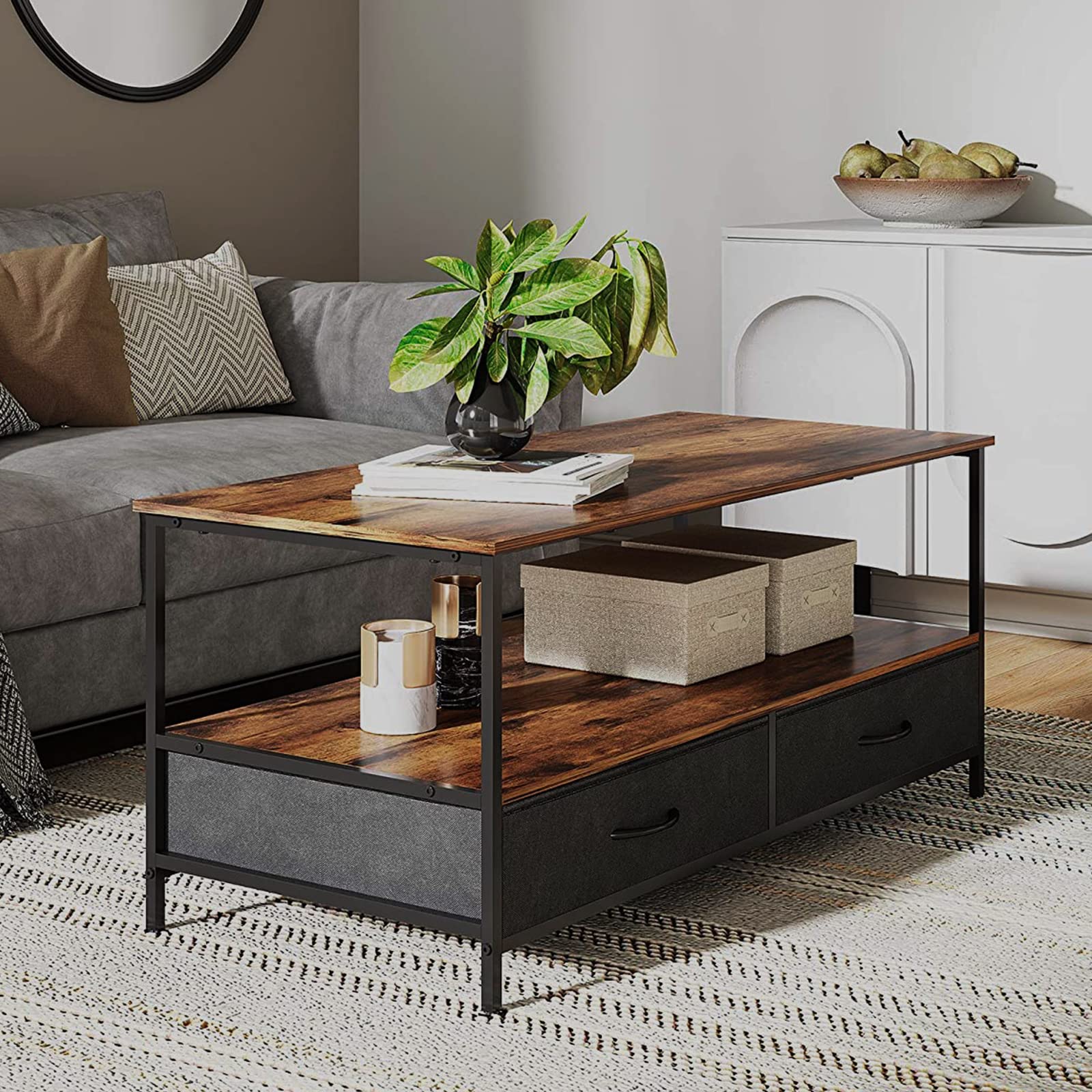 HUAYICUN Modern Coffee Table - Wood & Metal Cocktail Table with Storage Shelf & 2 Fabric Drawers for Living Room - Rectangle Sofa Table for Small Spaces | Perfect for Apartments, Dorms & Lounge Areas