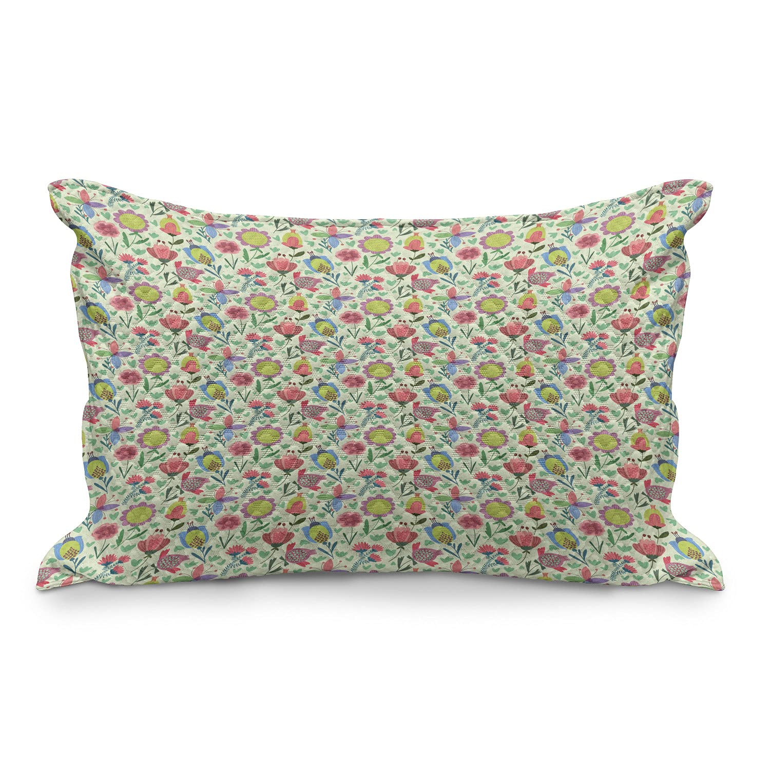Ambesonne Dutch Quilted Pillow Cover - Floral Arrangement with Colorful Doodle Blooming Tulips on Pale Green Background | Standard King Size 36x20 Inch Decorative Pillow Case for Bedroom, Living Room, Sofa | Multicolor Home Decor Accent Pillow
