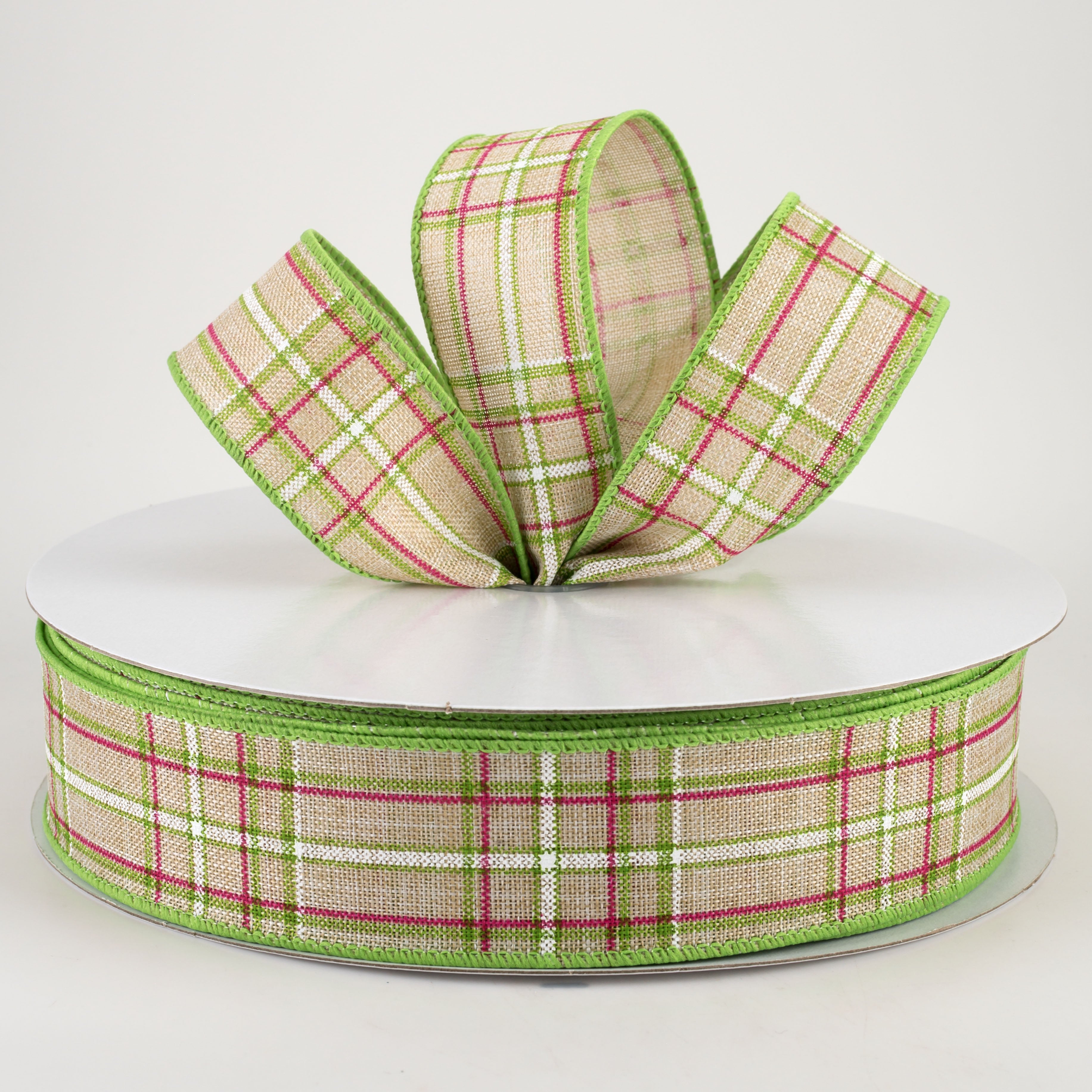 1.5 Inch Cornelia Plaid Ribbon - Natural, Fuchsia, Green & White (50 Yards) for Gift Wrapping, DIY Crafts, Scrapbooking & Home Decor