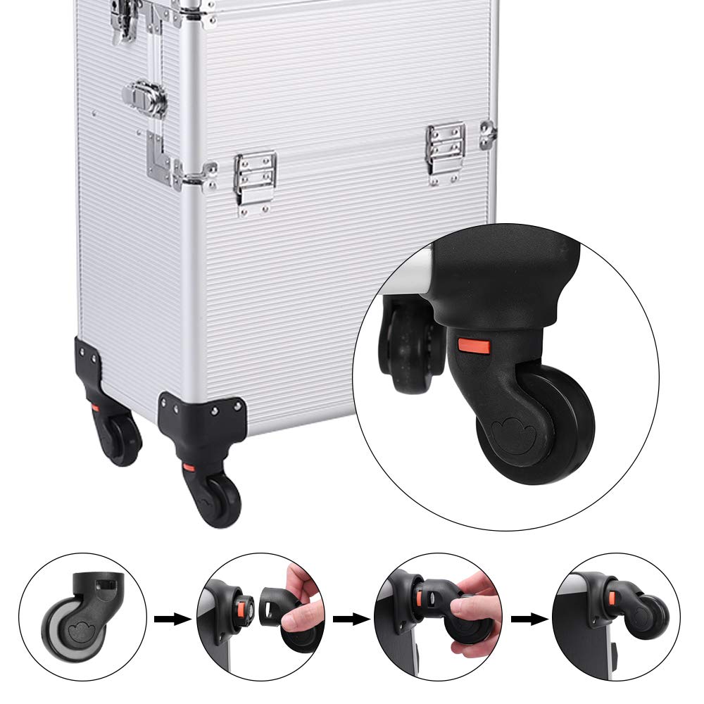 Professional 3-in-1 Aluminum Rolling Makeup Case - Large Cosmetic Organizer with Wheels, Folding Trays & Multiple Compartments | Perfect for Travel, Salon Use & Beauty Professionals (Silver)