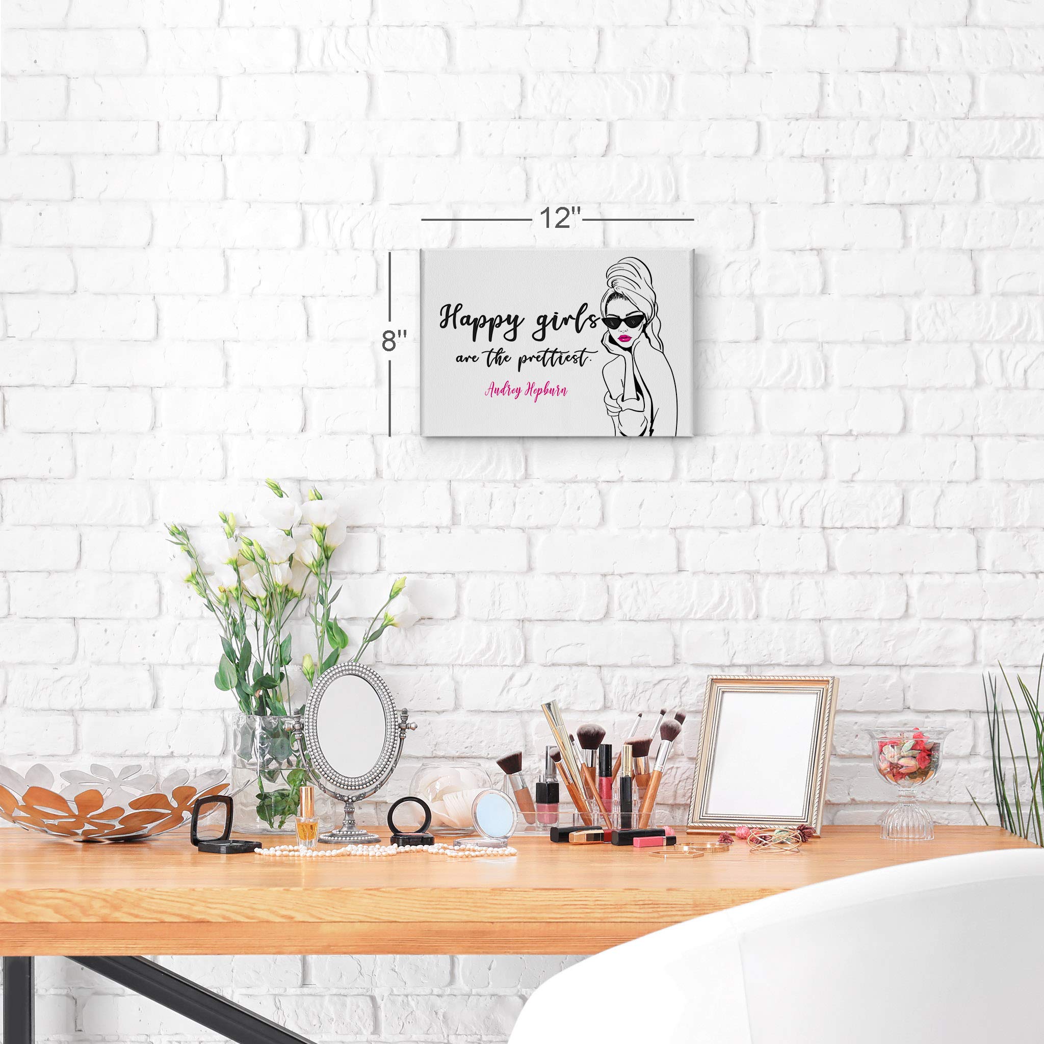 Happy Girls Are the Prettiest Audrey Hepburn Quote Canvas Wall Art - 24x36 Glam Fashion Print for Office, Bathroom, Teen Girl Room, Women's Dorm & Living Room Decor - Ready to Hang Inspirational Home Decor
