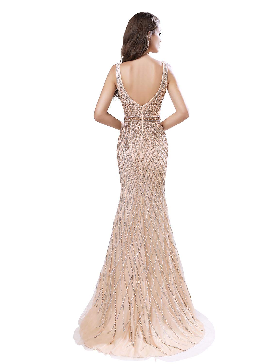 Sarahbridal Women's Luxury Beaded Prom Dresses - Long V-Neck & V-Back Evening Ball Gowns for Homecoming, Wedding, Pageant & Special Occasions