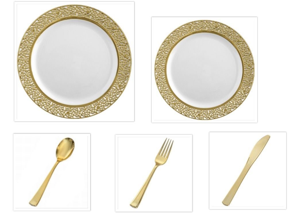 250-Piece Premium Disposable Plastic Dinnerware Set for 50 Guests - Elegant White Plates with Gold Lace Border & Gold Silverware Cutlery Combo | Heavyweight Plastic Plates & Utensils for Weddings, Banquets, Parties, Catering & Special Events