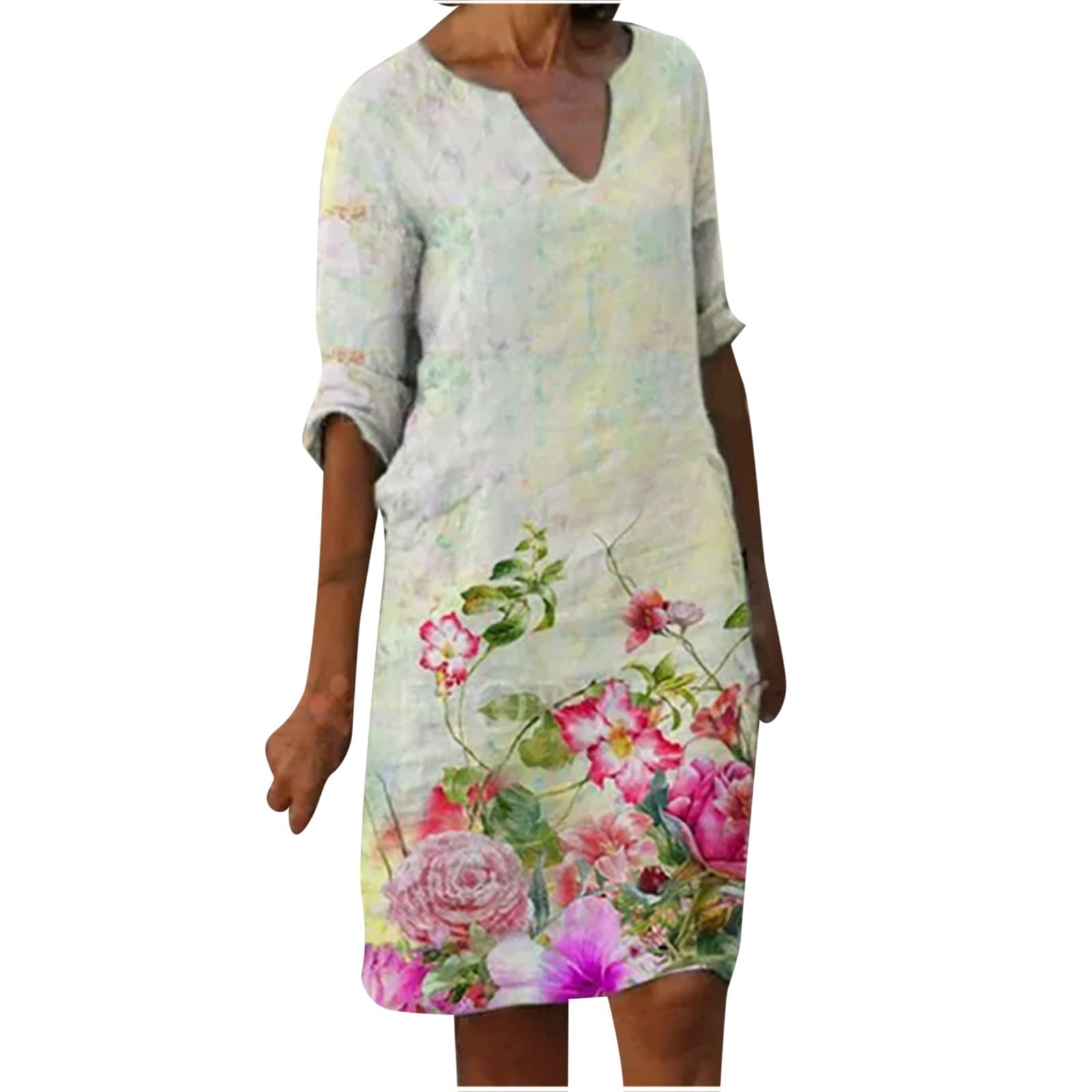 Women's Cotton Linen Floral Print Dress - Casual Loose Short Sleeve Knee Length Midi Dress for Summer Beach, Vacation & Boho Style Outfits