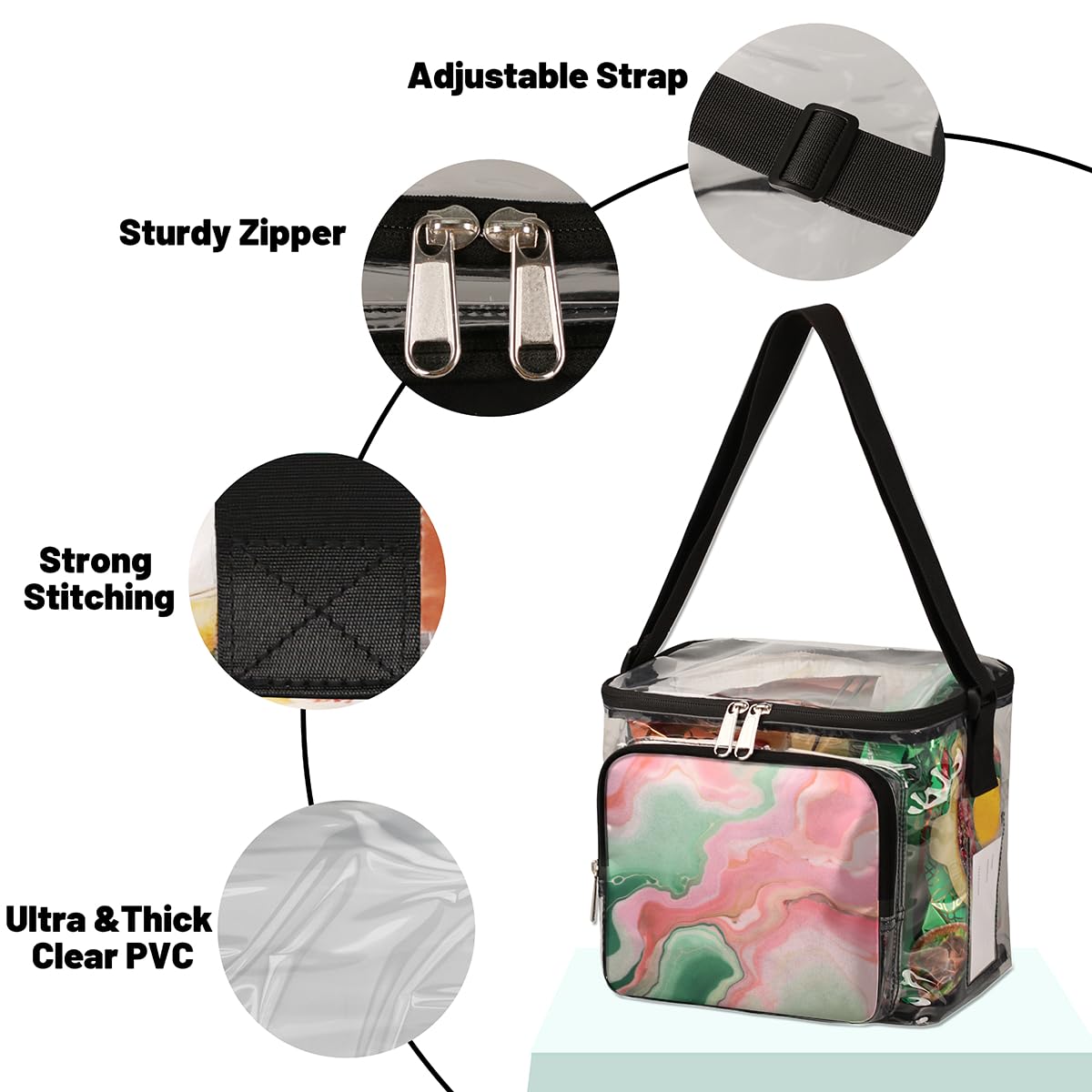 Abstract Ink Paint Clear Tote Bag with Handles - Pink & Green Liquid Texture Transparent Crossbody Shoulder Bag for Women | Perfect for Lunch, Outdoor Travel, Picnic, Concerts & Sports Events (Stadium Approved)