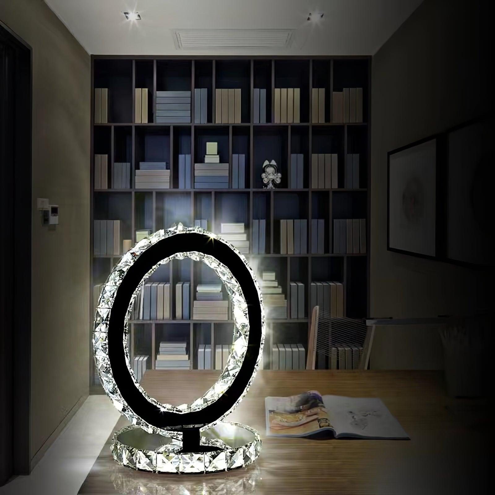 Elegant Crystal Rings Table Lamp - Modern LED Bedside Night Light for Bedroom, Living Room, and Office Decor