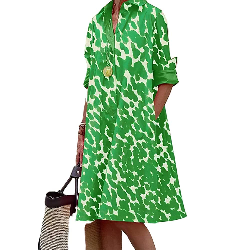 Women's Plus Size Linen Button Down Shirt Dress - Long Sleeve Casual Printed Tunic with Pockets | Perfect for Office Wear, Summer Outfits & Vacation Dressing