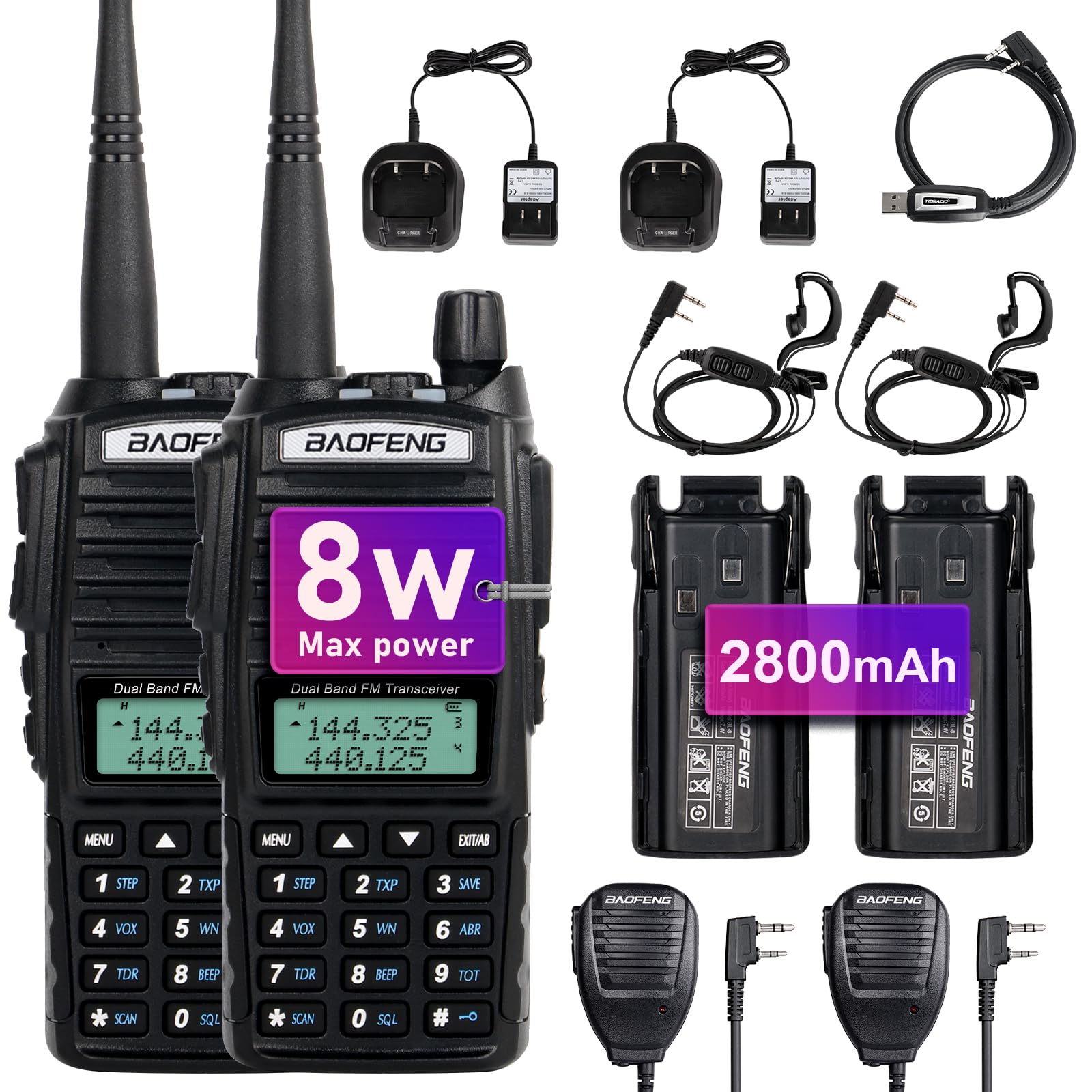 BaoFeng UV-82 High Power Dual Band Ham Radio - 2 Pack Black Walkie Talkies with Earpiece, Speaker Mic & Programming Cable | Emergency Communication, Outdoor Adventures, Construction & Security Team Use