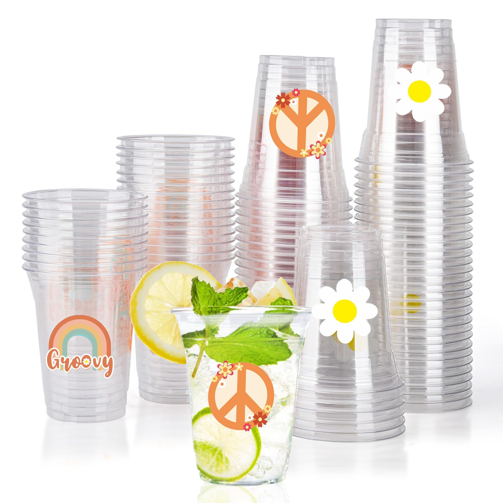 150 Pack 12 oz Clear Plastic Party Cups - Groovy Boho Retro Hippie Disposable Drinking Cups with Daisy Flower Design | Bulk Pack for Birthday Parties, Weddings, Baby Showers & Summer Gatherings | Perfect for Lemonade, Iced Tea & Cocktail Drinks