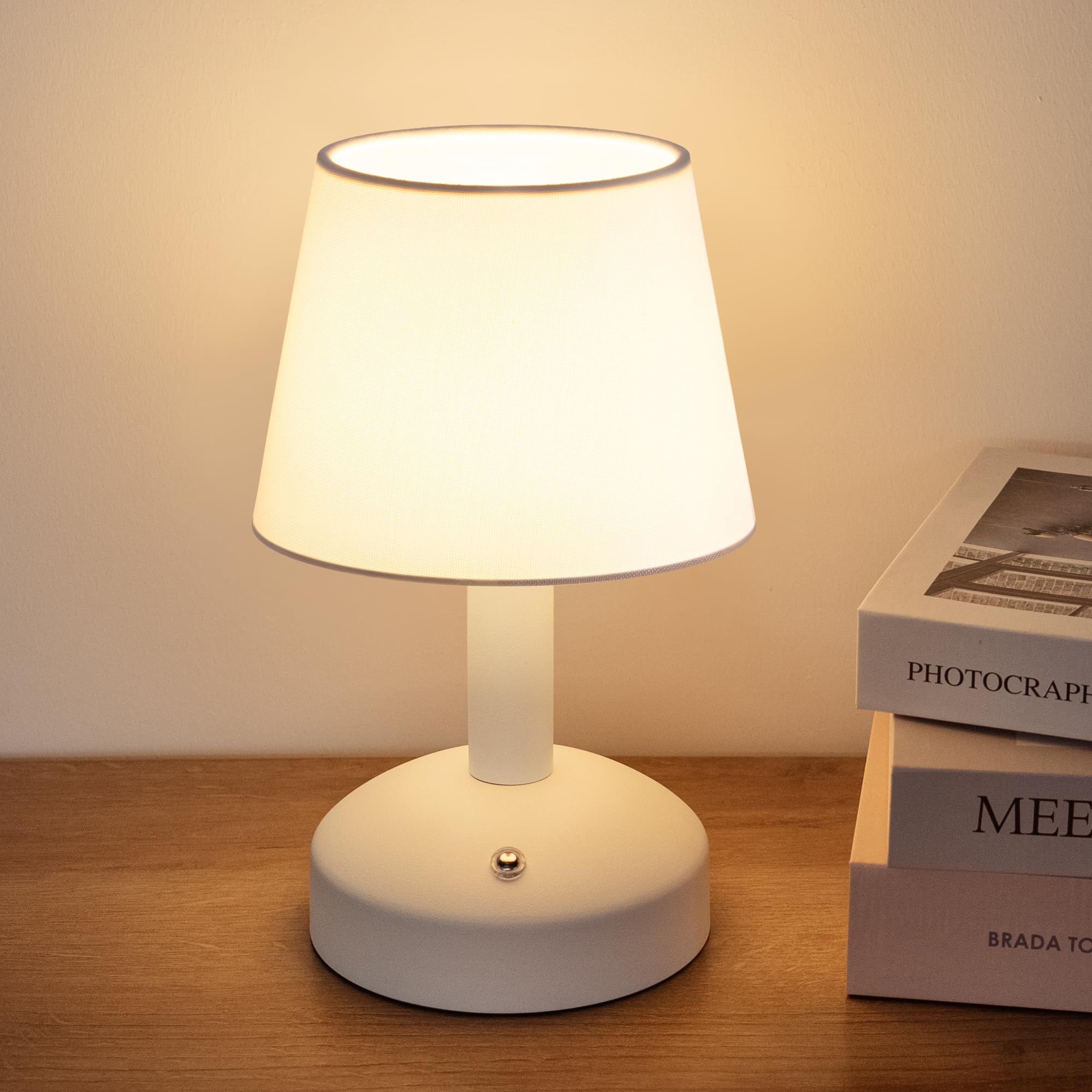 KDG Modern Cordless Small Table Lamp - Portable LED Fabric Shade Desk Lamp with 5000mAh Rechargeable Battery, Bedside Night Light for Bedroom, Living Room, Office, Dorm & Nursery (White) | Perfect for Reading, Working & Relaxing at Night