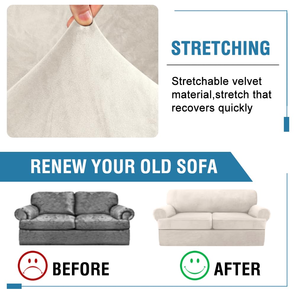 H.VERSAILTEX 3-Piece Velvet Sofa Cover Set for Loveseat - Thick Stretchable Couch Slipcover with 2 Individual Cushion Covers, Washable Furniture Protector (Ivory) - Perfect for Living Room, Apartment & Pet-Friendly Homes