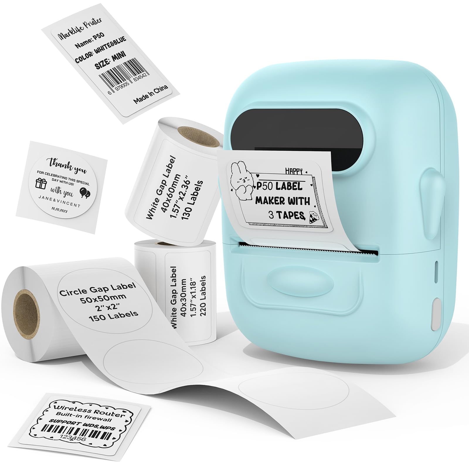 MARKLIFE Portable Bluetooth Label Maker Machine with Tape - Thermal Barcode Printer for Address, Clothing, Jewelry, Retail & Small Business | Home & Office Use (Blue + 3 Labels: White/White/Clear) | Perfect for Organizing, Shipping & Inventory Management