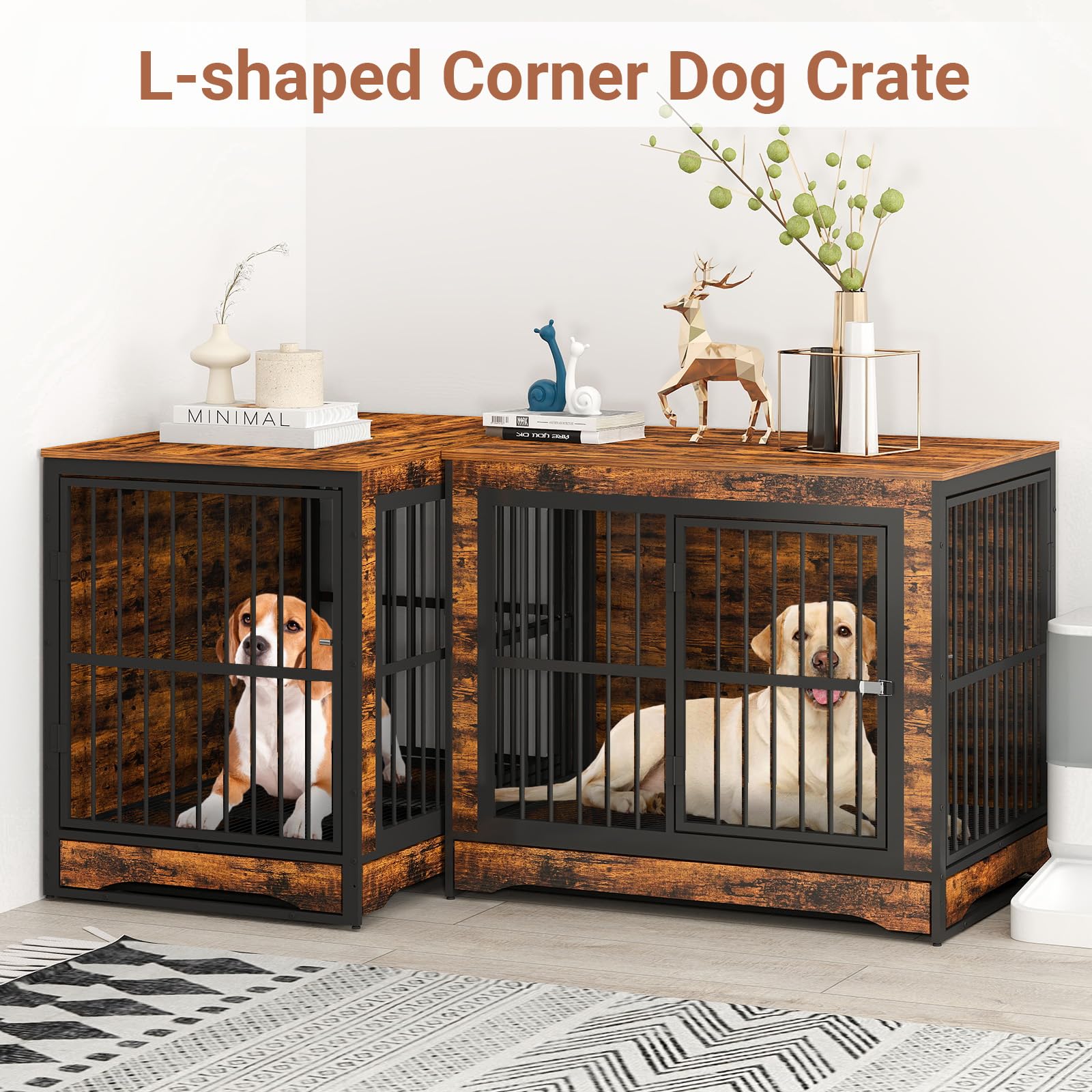 75 Inch Double Dog Crate Furniture with Divider - 4-in-1 Convertible Large Dog Kennel with Removable Trays - Rustic Brown Corner Pet Crate for Small, Medium & Large Dogs - Perfect for Living Room, Bedroom or Home Office