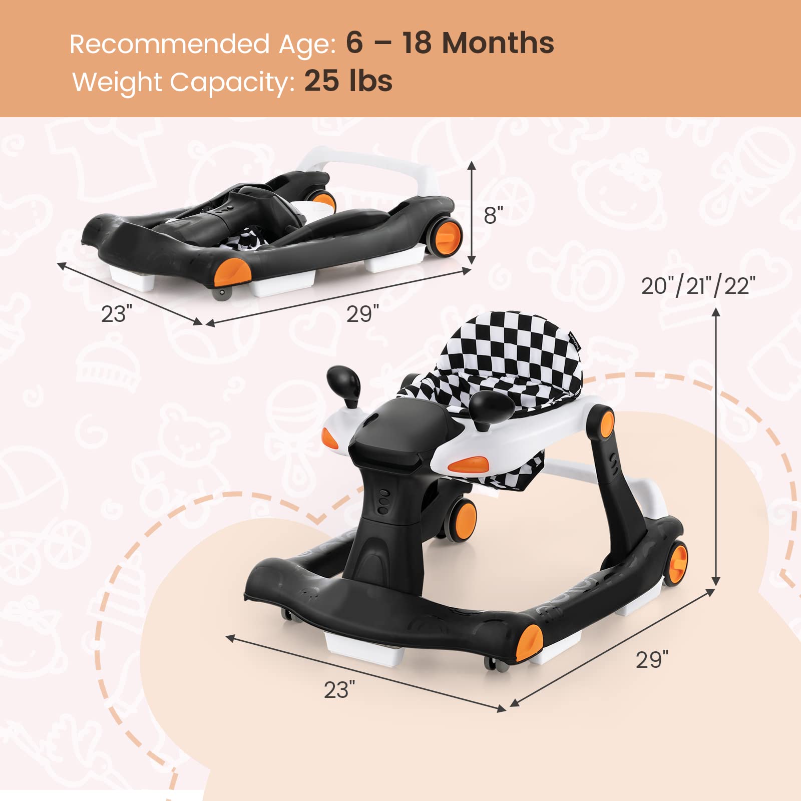 HONEY JOY Baby Walker - Foldable Push Learning Walker Toy with Wheels, Adjustable Height & Padded Seat for Boys & Girls 6-18 Months | Music, Lights, Mirrors | Indoor & Outdoor Use for Early Walking Development