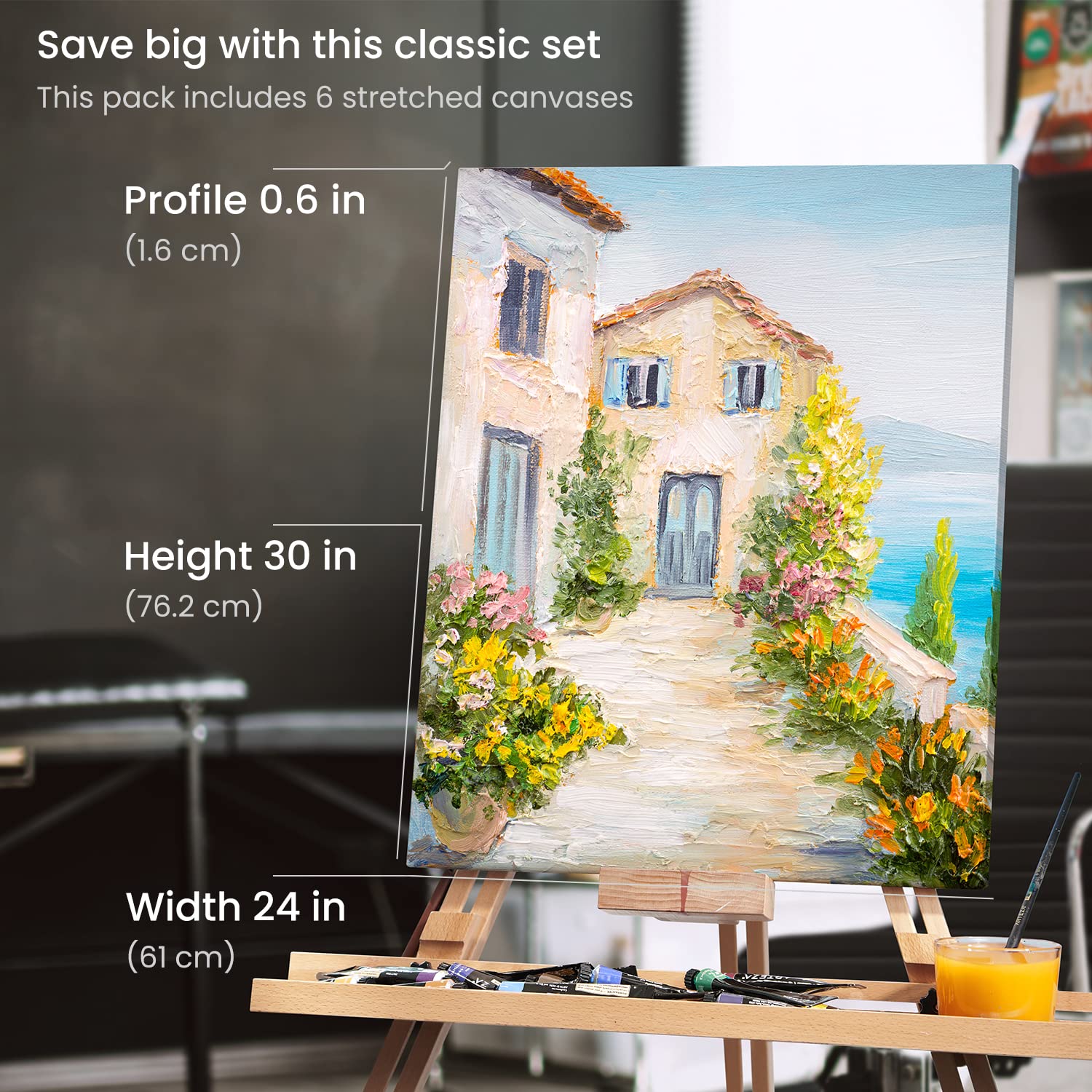 ARTEZA Stretched Canvas 24x30 Inches, Pack of 6 - Professional Blank White Large Canvas for Acrylic, Oil & Gouache Painting - Perfect for Artists, Beginners & Home Decor