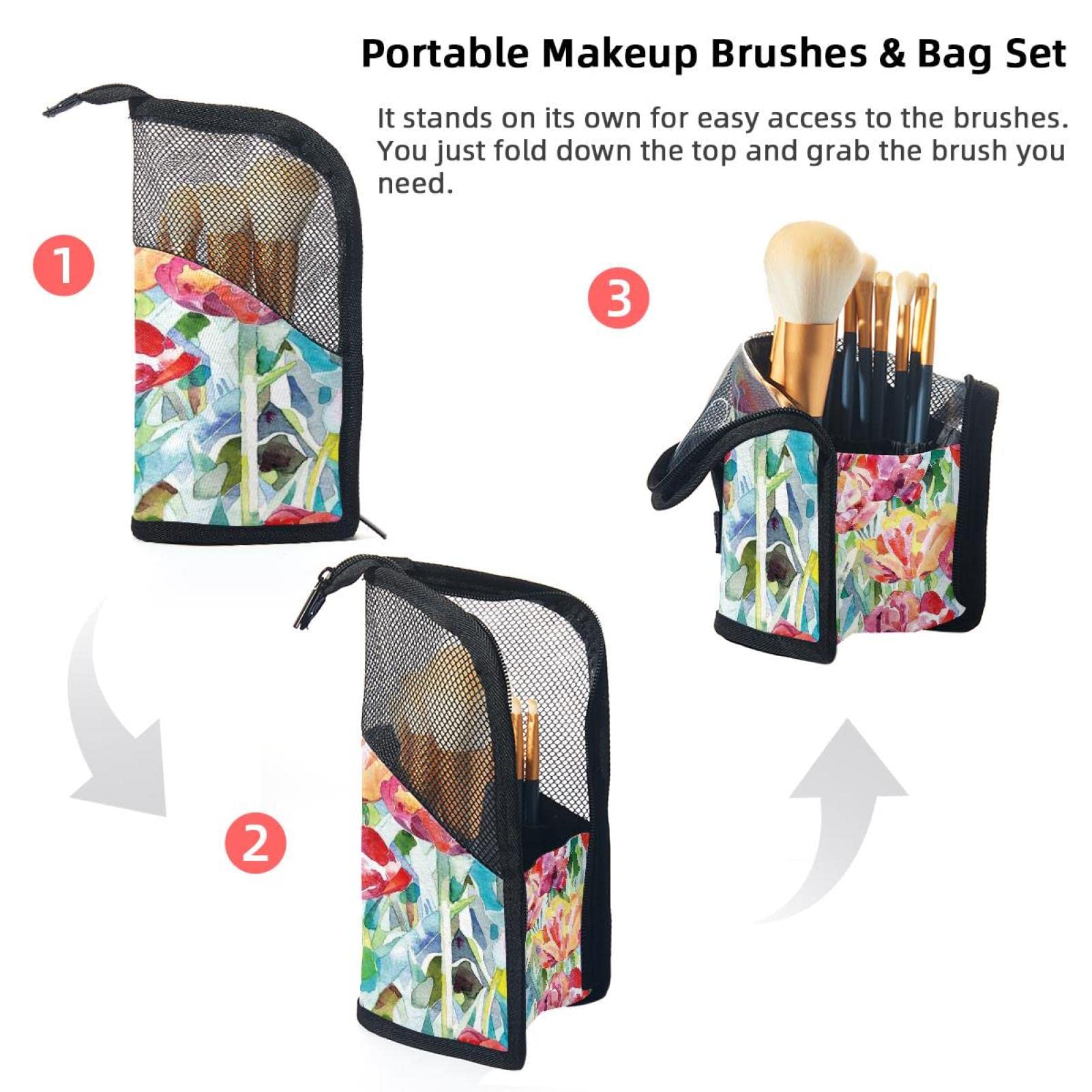 12-Piece Makeup Brush Organizer Bag with Floral Design - Portable Cosmetic Brush Holder Case for Travel, Home & Professional Makeup Artists