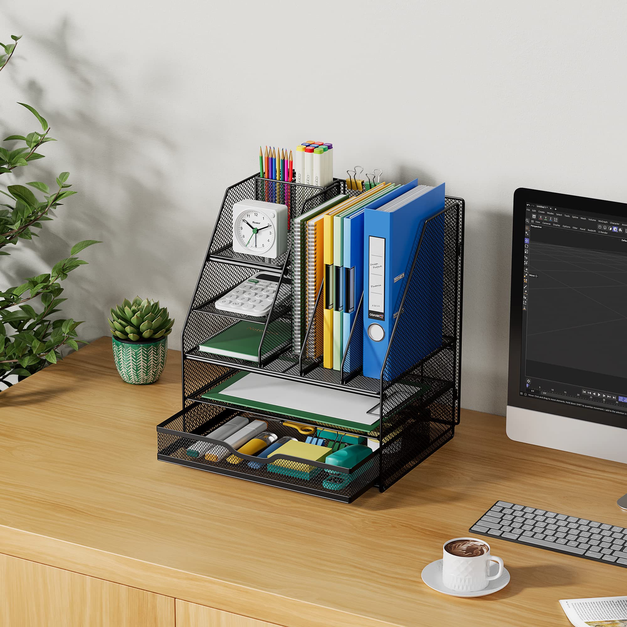 VIVSOL Large Vertical File Holder Desk Organizer with Sliding Drawers & Movable Pen Holder - Office Supplies Storage Shelf for Files, Papers, Pens | Perfect for Home Office, School & Workspace Organization