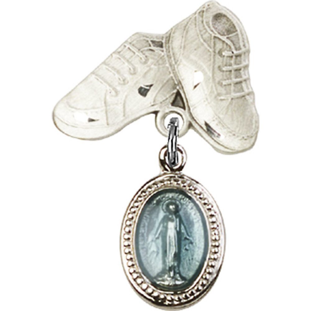 Bonyak Sterling Silver Saint Medal Jewelry with Blue Miraculous Charm & Baby Boots Pin - 1 x 5/8 Inch Religious Pendant for Baptism, First Communion & Christening Gifts - Perfect for Newborn Blessings & Catholic Faith Jewelry