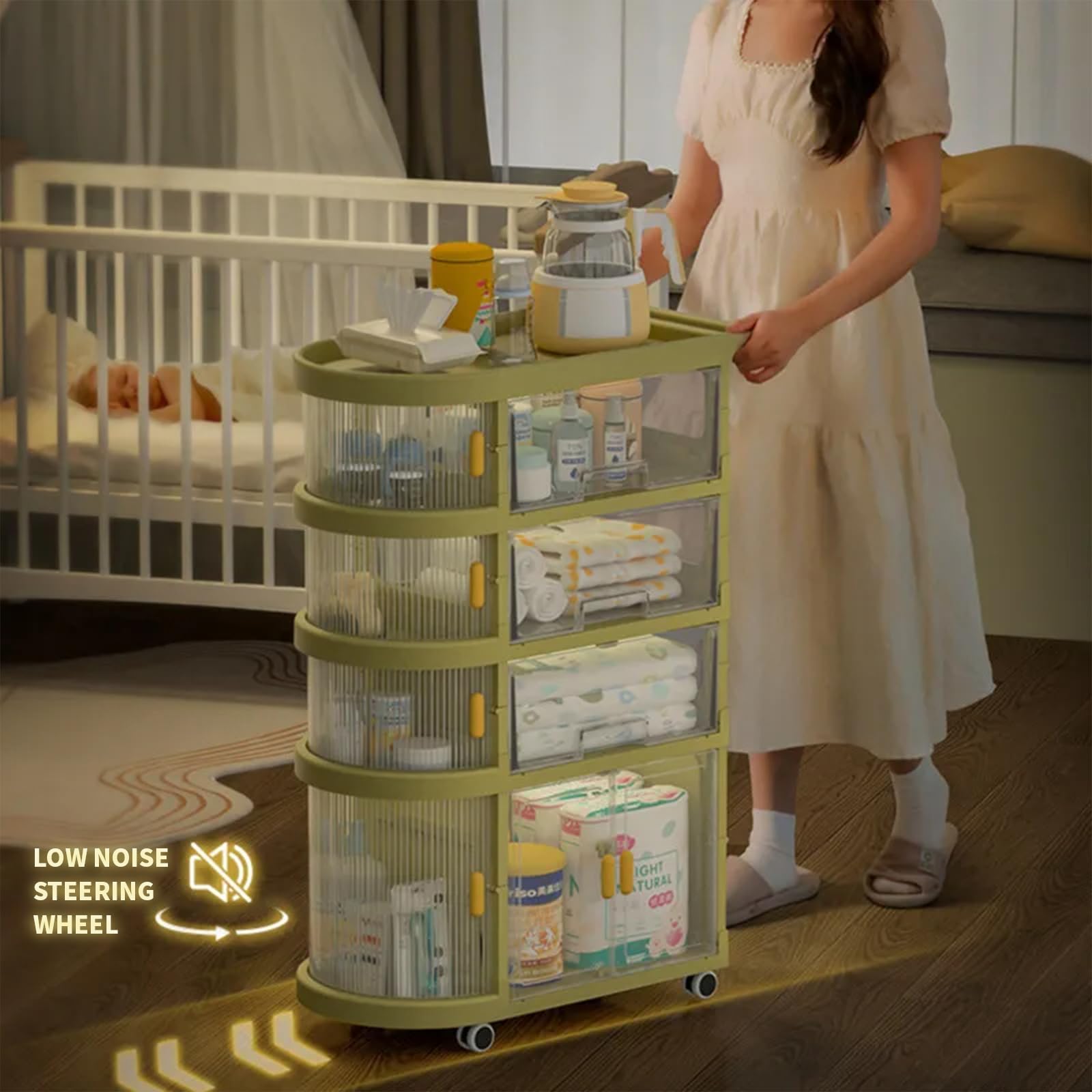 ASHAMX1 Baby Cart Organizer - 3-Tier Rolling Diaper Caddy with Wheels & Drawers, Portable Nursery Storage for Diapers, Wipes, Toys - Perfect for Nursery, Bedroom & On-the-Go Parents