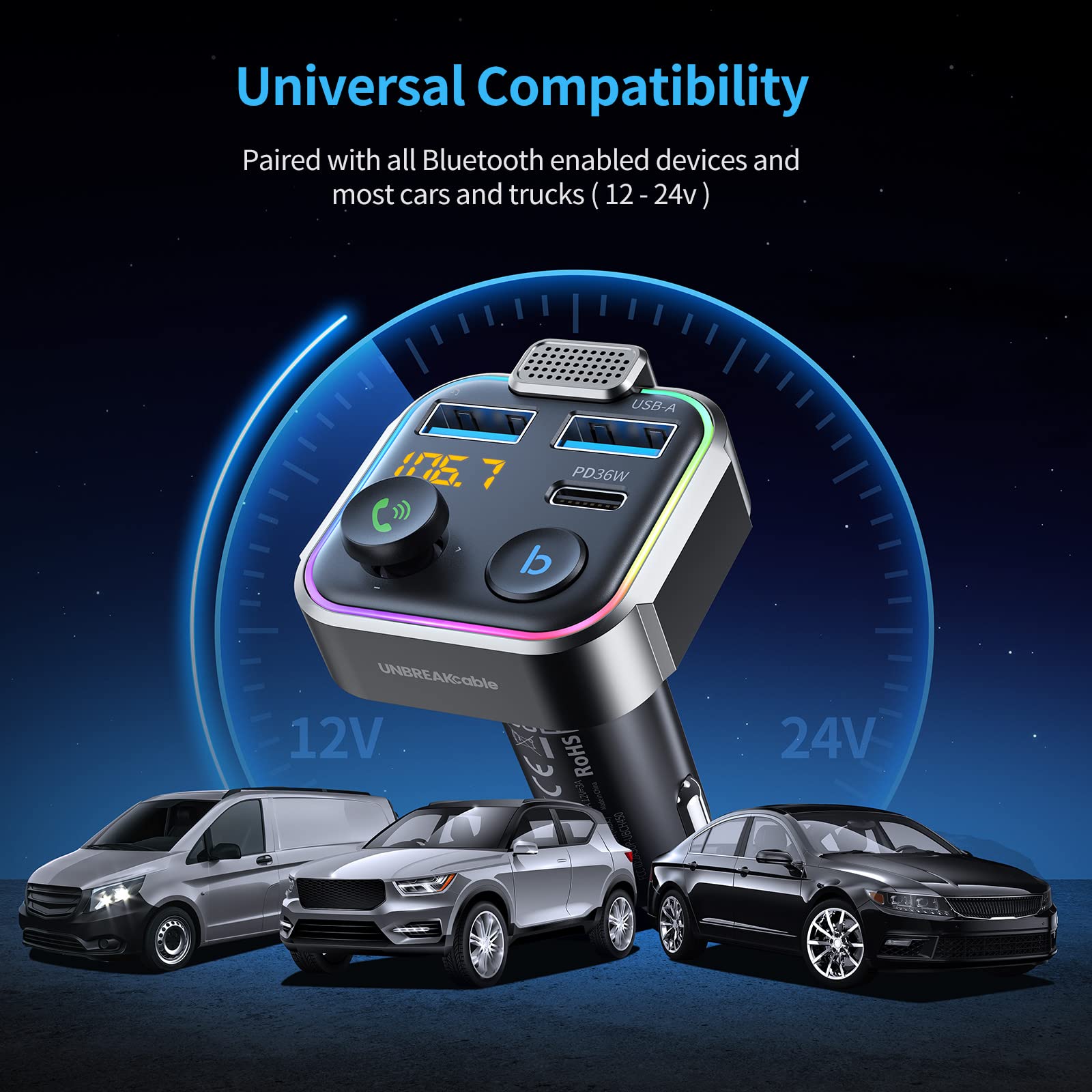 UNBREAKcable Bluetooth FM Transmitter for Car - 38W PD Fast Charger, Wireless FM Radio Adapter with Hands-Free Calling & HiFi Bass Boost | Supports USB Drive & MP3 Playback | Perfect for Road Trips, Commuting & Music Lovers