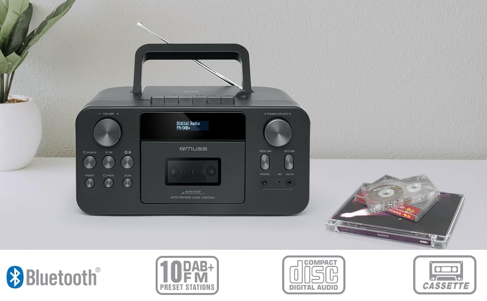 MUSE M-182 DB AM/FM Radio with Cassette Player and CD Player - Portable Stereo Boombox for Home, Office, and Outdoor Use
