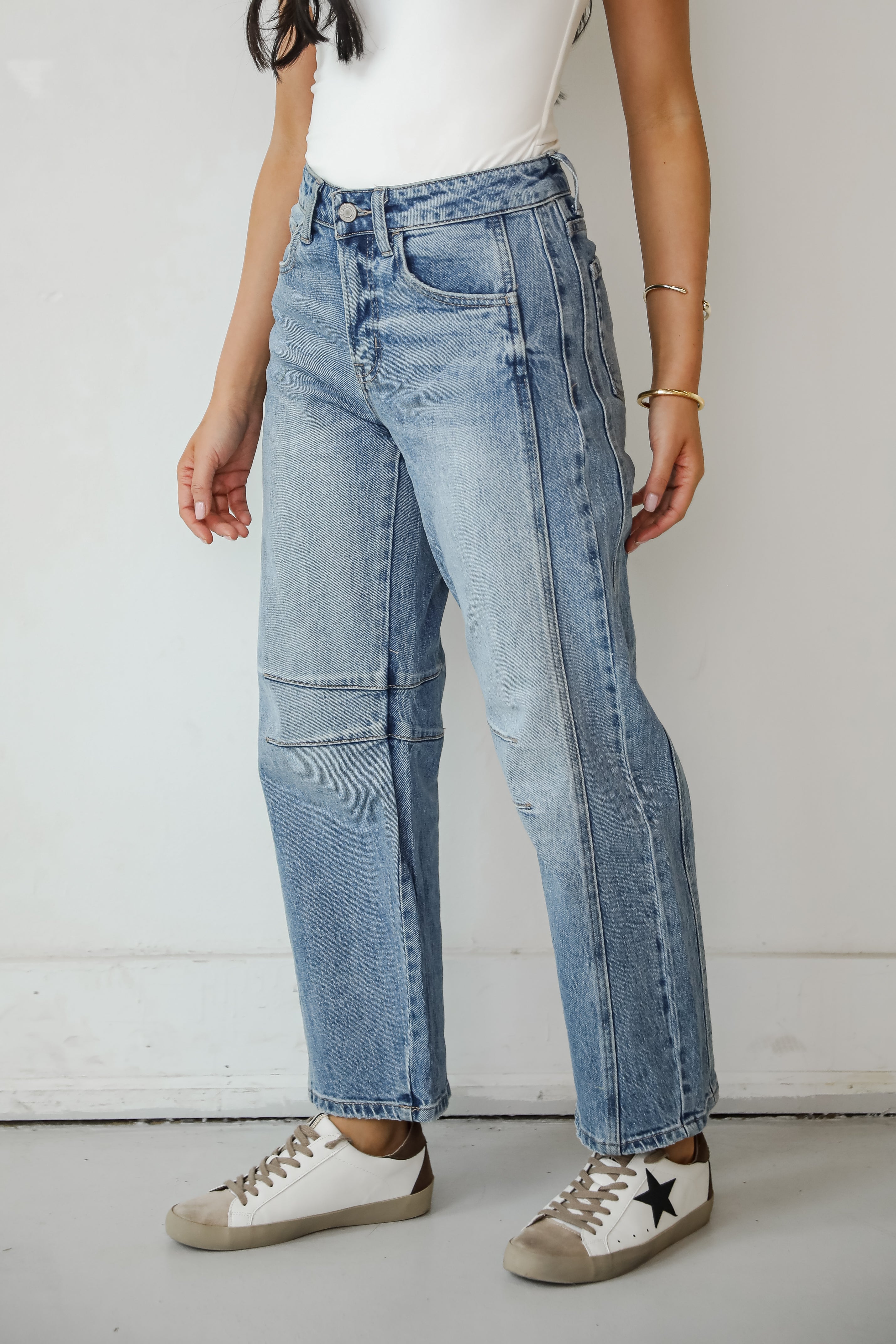 Addy Medium Wash High Rise Barrel Jeans for Women - Vintage Inspired Stretch Denim Pants for Casual Wear & Everyday Outfits