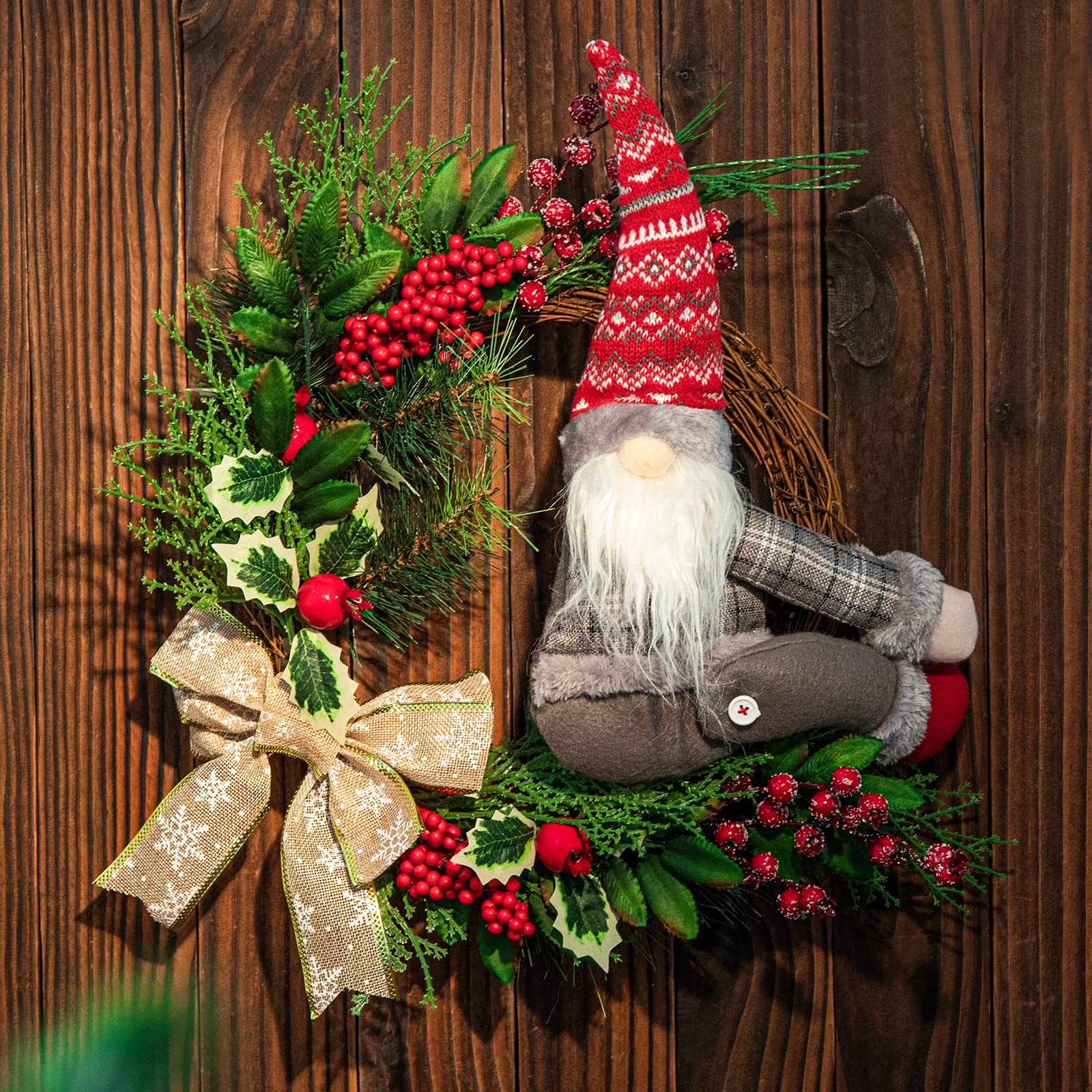 Christmas Wreath with Gnome, Berries & Bow - Handmade Rattan Holiday Door Decor for Outdoor Christmas Decorations - Perfect for Front Door, Porch, and Holiday Party Decor