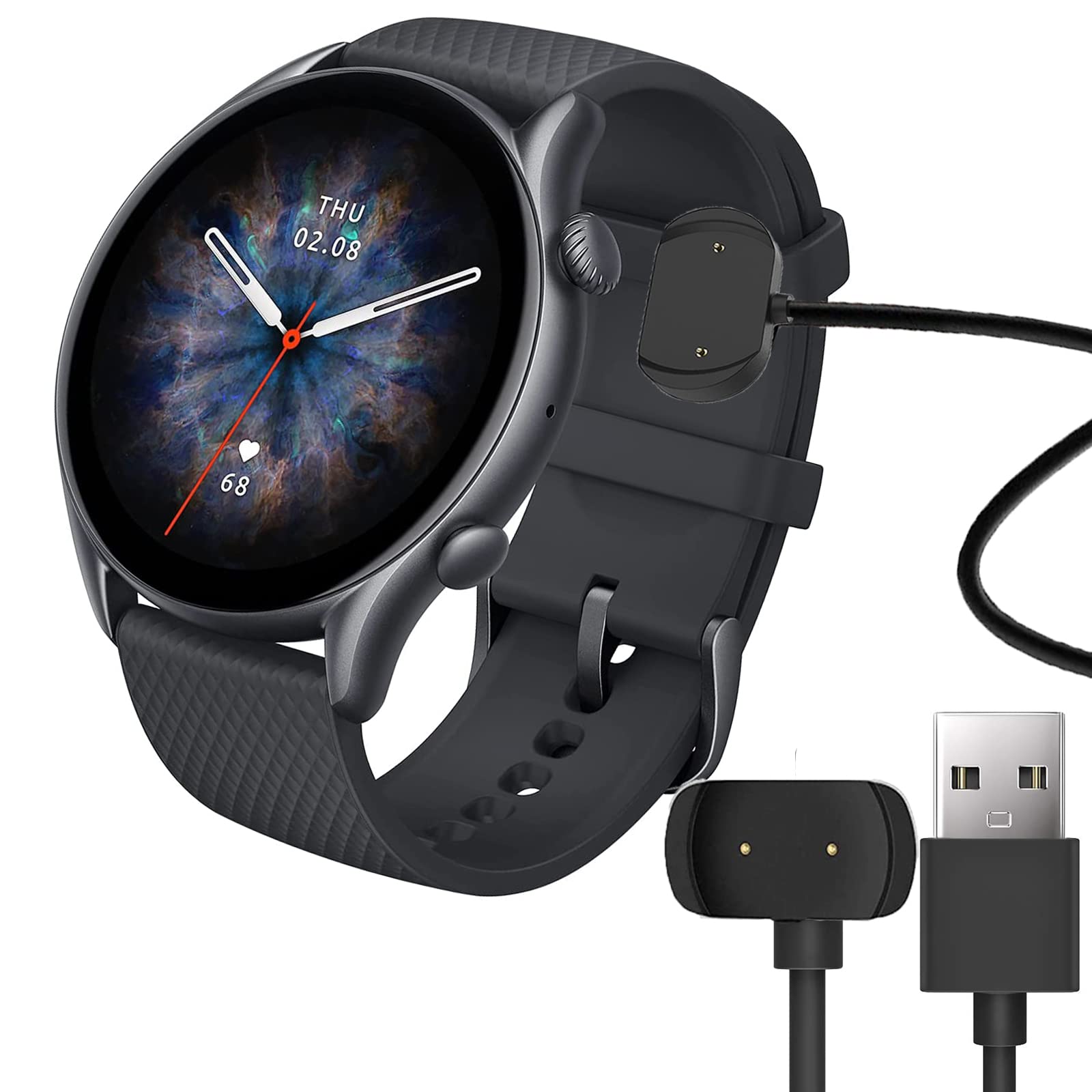Amazfit T-Rex 2 Charger Replacement - 2 Pack USB Charging Cable for Amazfit GTR 3 Pro/GTR 3/GTS 3 Smartwatch (Black) - Perfect for Travel, Gym & Daily Charging Needs