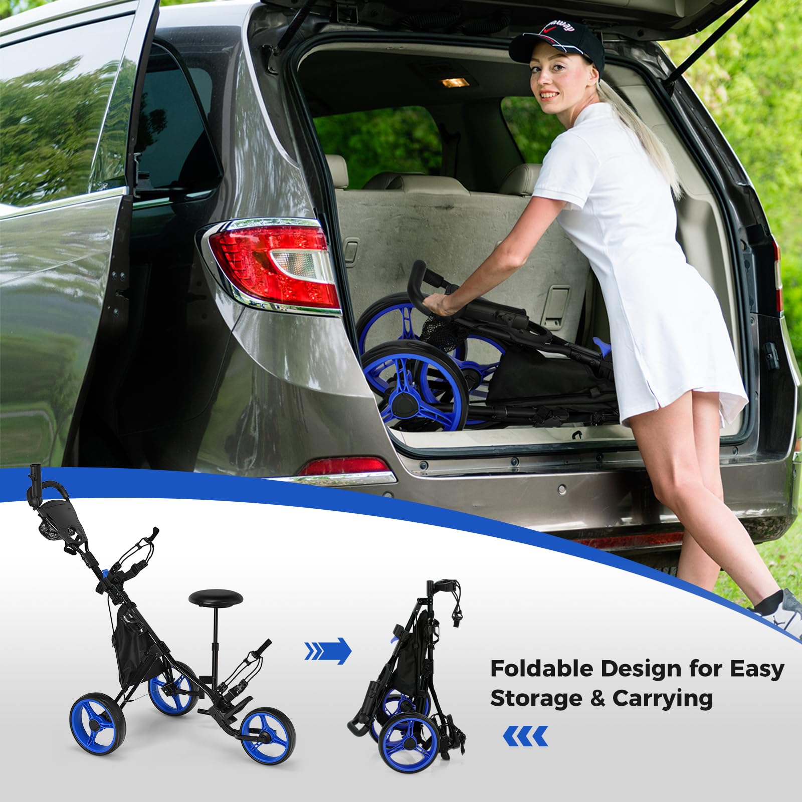 ULTIMATE 3 Wheel Golf Push Pull Cart - Foldable Lightweight Golf Bag Trolley with Adjustable Seat, Handle & Foot Brake | Includes Scorecard Holder, Umbrella Holder, Cup Holder & Storage Bag | Perfect for Golf Courses, Driving Ranges & Outdoor Practice