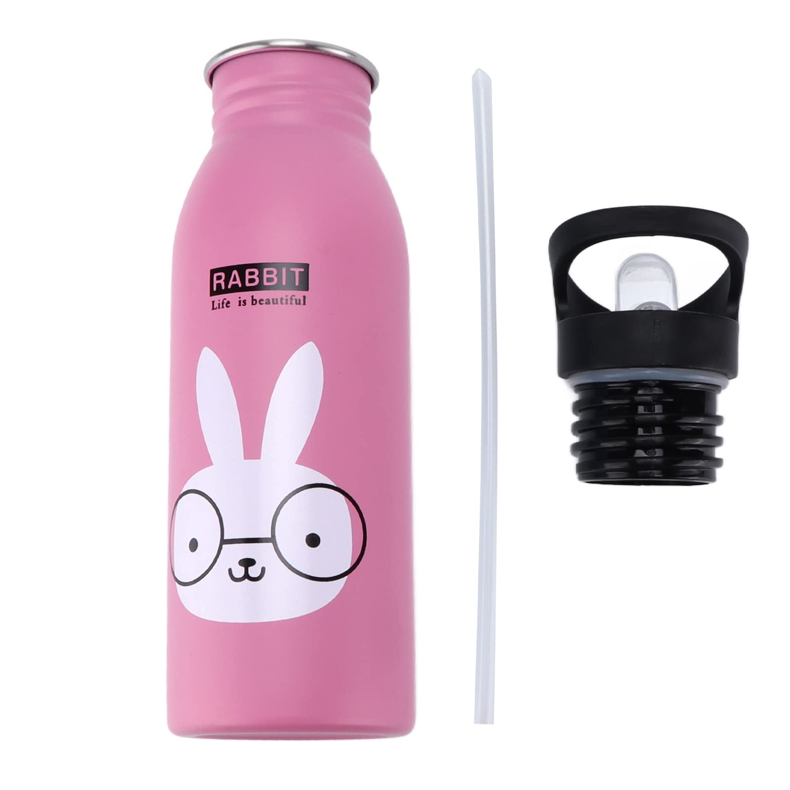 Stainless Steel Water Bottle for Kids - Cute Cartoon Animal Design, Leak-Proof with Straw Lid & Nozzle | Durable Sports & Travel Water Cup for School, Hiking, Gym, and Outdoor Activities
