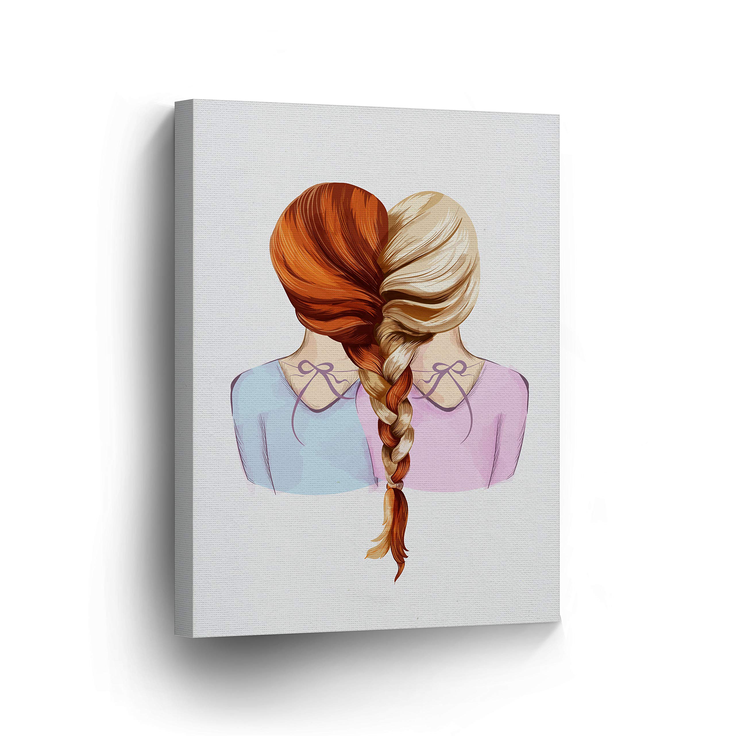 Smile Art Design Lovely Redhead and Blonde Girl Braid Canvas Print - 28x19 Inch Kids Room Wall Art, Nursery Decor, Baby Room Decoration - Ready to Hang, Made in USA | Perfect for Children's Bedrooms, Playrooms & Gift Ideas