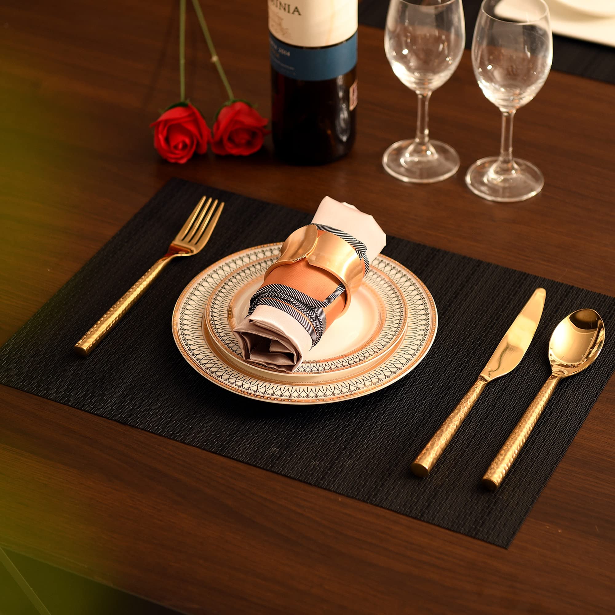 Premium Black Placemats Set of 8 - Waterproof & Heat-Resistant PVC Table Mats for Kitchen & Dining - Easy Clean Washable Vinyl Placemats for Everyday Meals, Dinner Parties & Holiday Gatherings (Pure Black, 8-Pack)