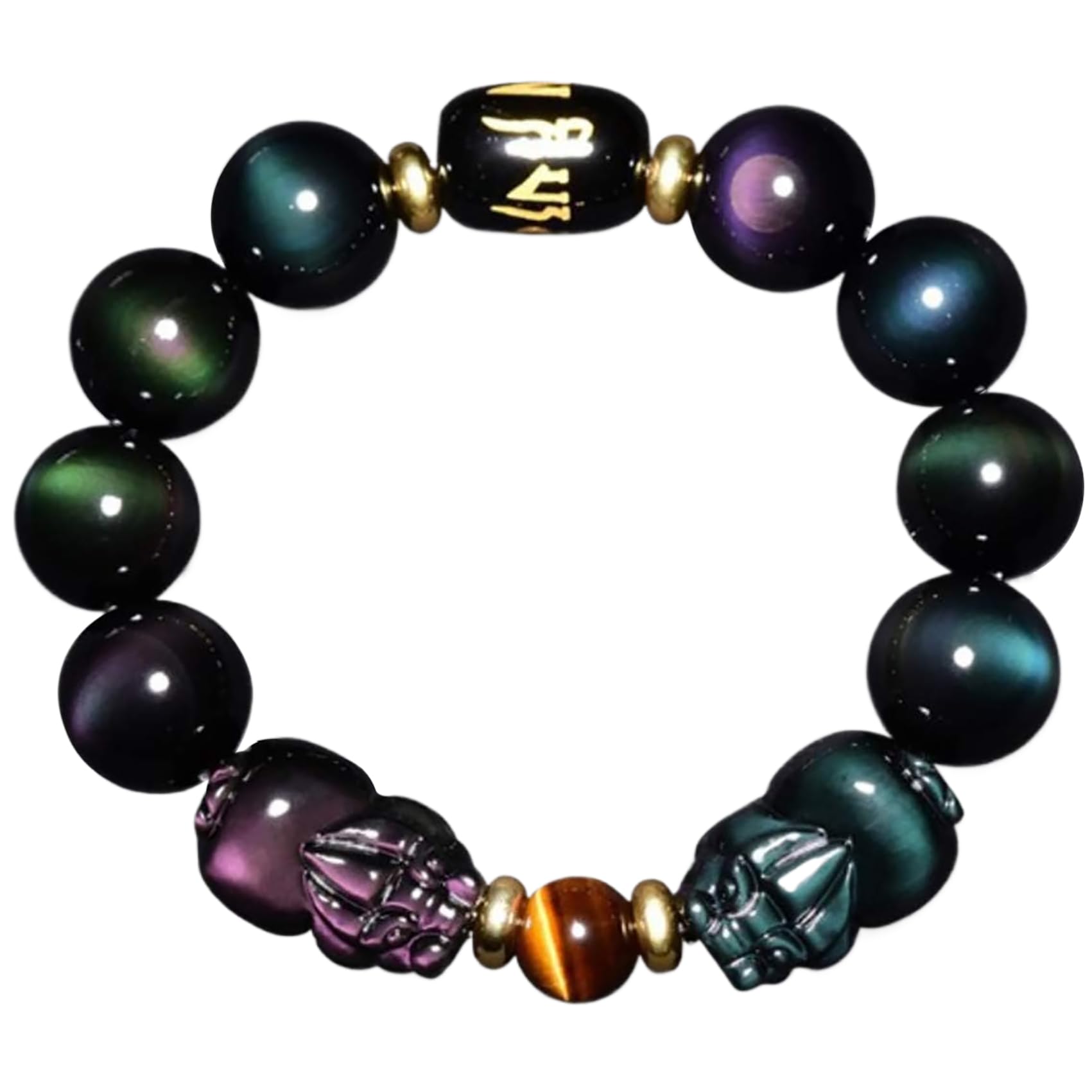 Feng Shui Obsidian Bracelet with Double Pixiu - Rainbow Obsidian & Tiger Eye Stone Money Luck Talisman, Stretch Bangle with Six Word Mantra Carving - Perfect for Wealth Attraction, Spiritual Protection & Daily Wear